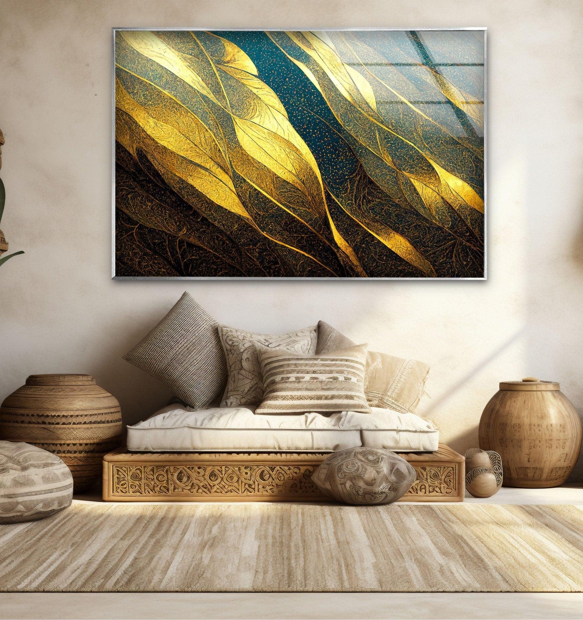 Abstract Decorative Golden Elegant Glass Wall Art - Modern Home Decor for Living Room, Bedroom & Office | Handcrafted Glass Panel for Stylish Interior Design