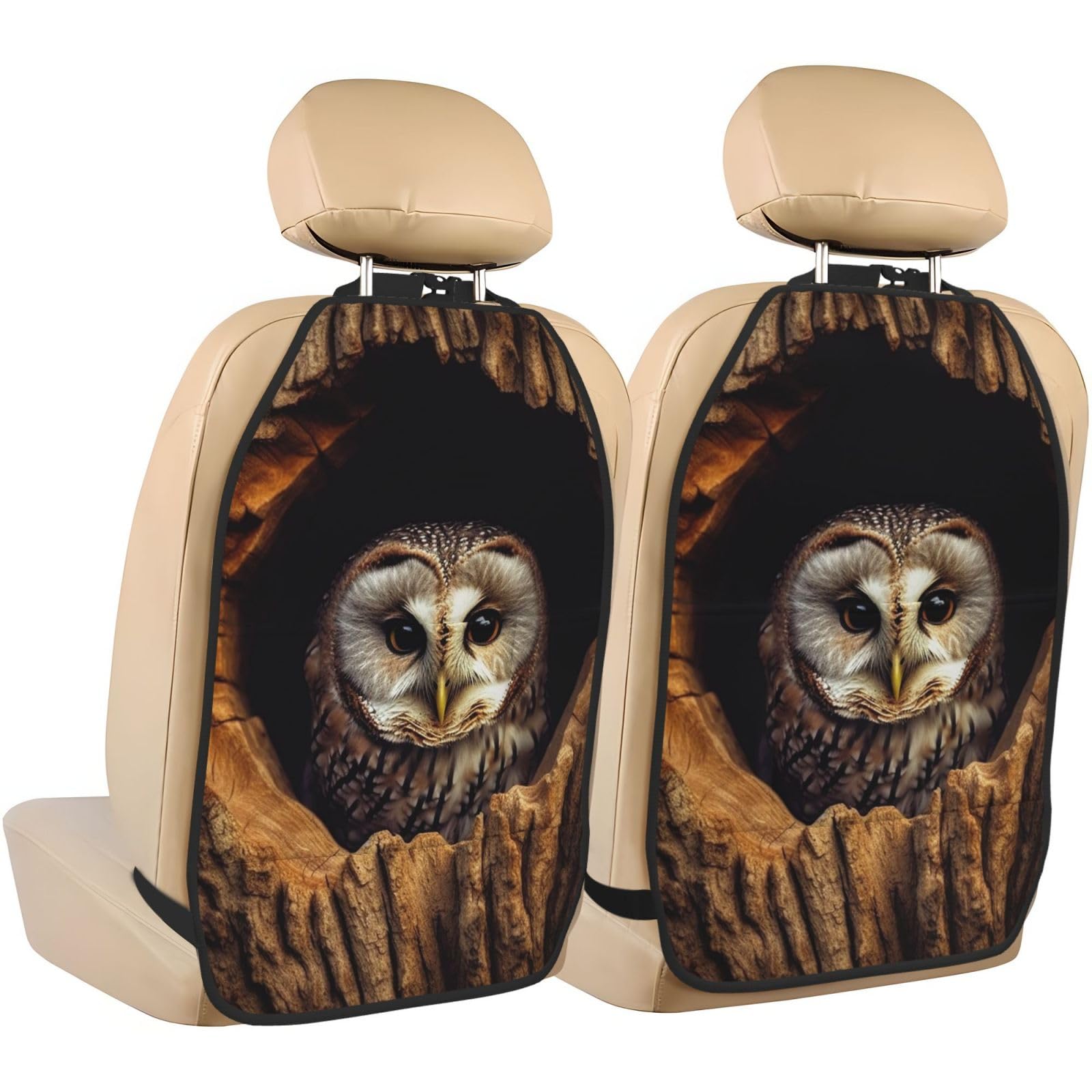 VTCTOASY Kick Mat Back Seat Protector for Car - 2 Pack Extra Large Waterproof Seat Cover with 3 Storage Pockets | Universal Fit for Trucks, SUVs & Sedans | Protects Against Kids, Pets & Spills (Owl Tree Hole Design) - Perfect for Family Road Trips & Daily Commutes