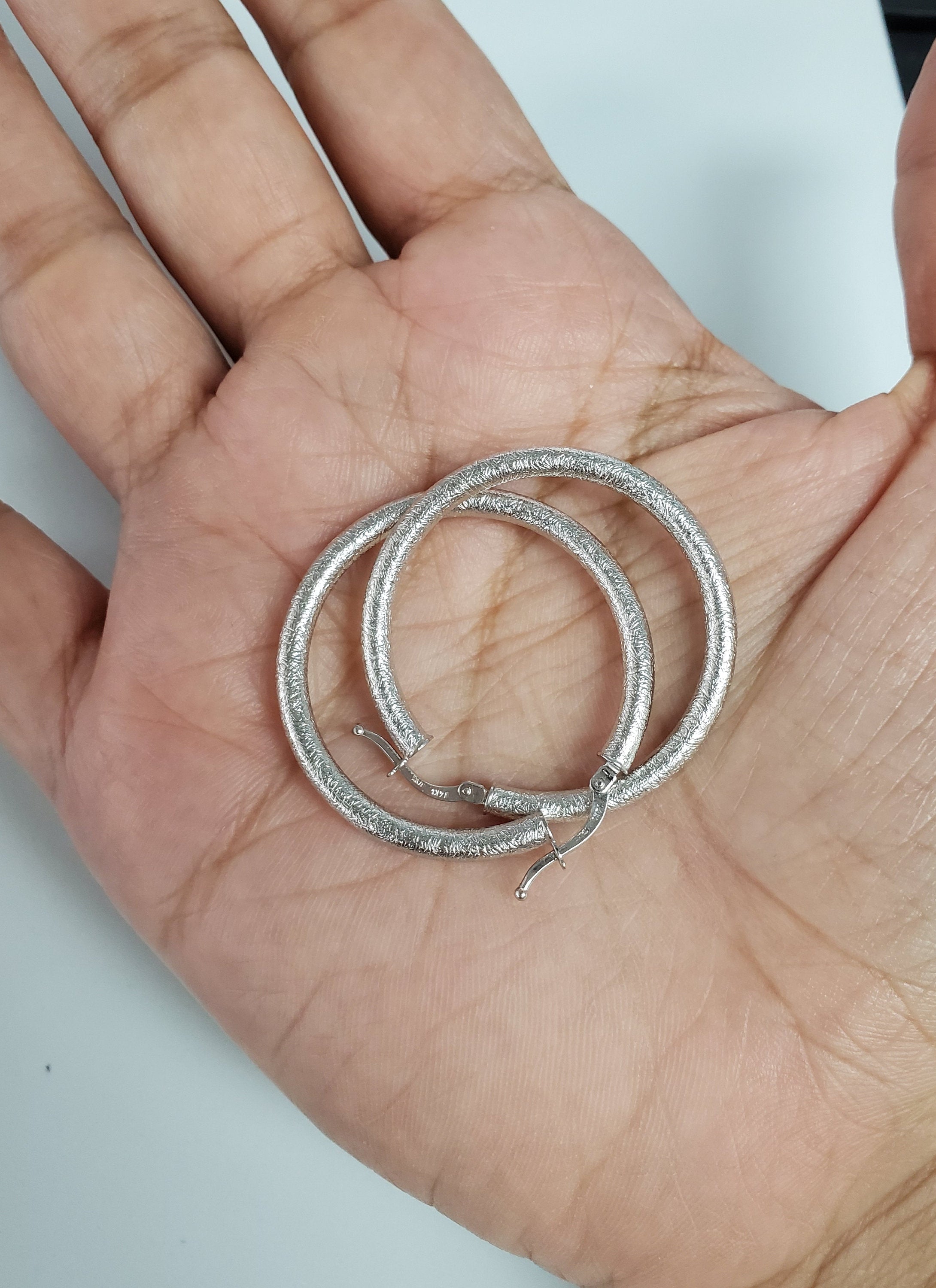 14K White Gold Sand Textured Hoop Earrings - 34mm & 40mm Size Options - Perfect for Everyday Wear, Date Nights & Special Occasions