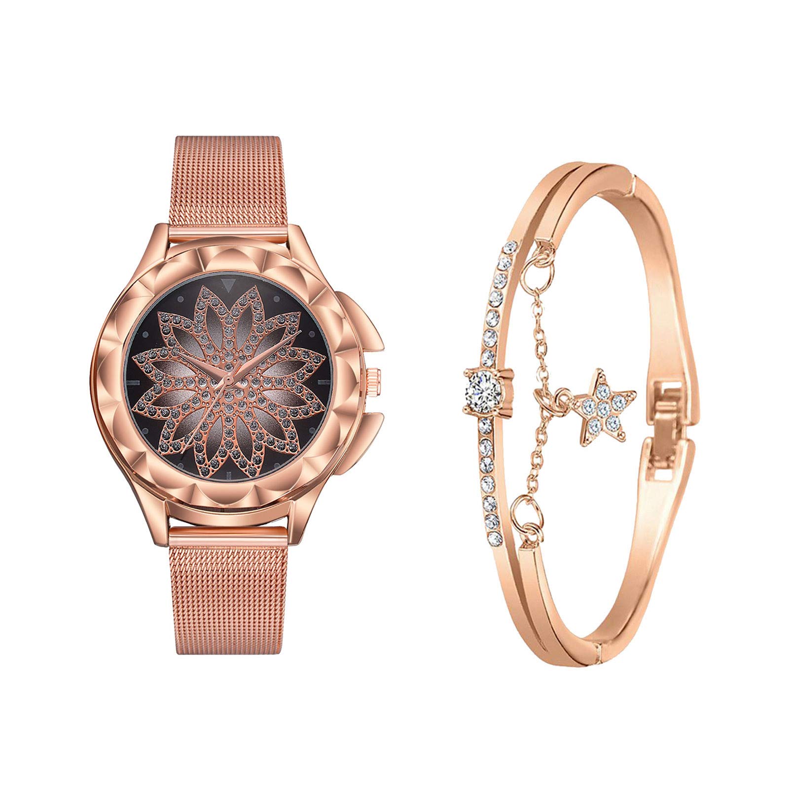 Luxury Diamond-Studded Rose Gold Watch & Bracelet Set for Women - Trendy Leather Wristwatch with Elegant Occident Design - Perfect for Parties, Weddings & Special Occasions