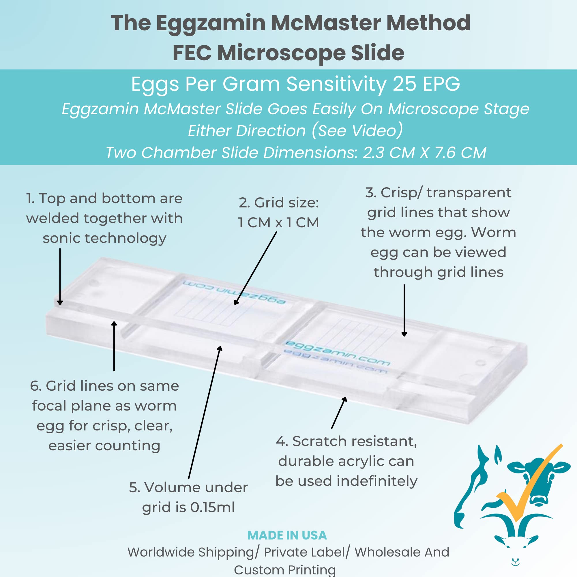 McMaster Method Microscope Slide for FEC (Fecal Egg Count) & Worm Testing - Double Chamber Parasite Detection Kit for Horses, Sheep, Goats, Cattle | Veterinary & Livestock Health Management Tool
