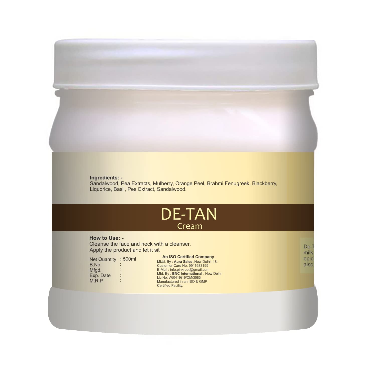 Pink Root DE-TAN Cream with Milk & Honey Extract - 500gm Brightening Face Cream for Dark Spots & Sun Tan Removal - Perfect for Daily Skincare & Post-Sun Care