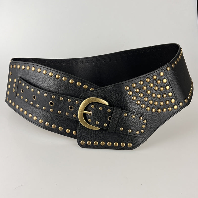 Vintage Faux Leather Wide Belt with Rivet Pin Buckle - Stylish Waist Cincher for Women's Retro Outfits, 80s Costume & Boho Fashion Accessories