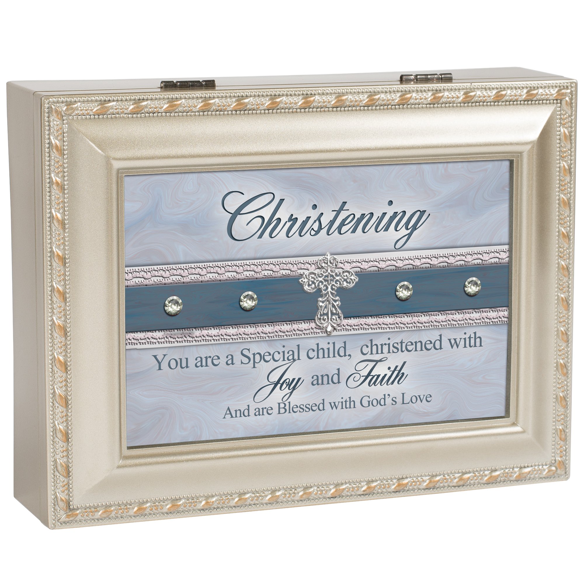 Vintage Cottage Garden Christening Champagne Silver Music Jewelry Box - Plays 'Jesus Loves Me' Hymn - Perfect for Baby Showers, Baptism Gifts & Keepsake Storage