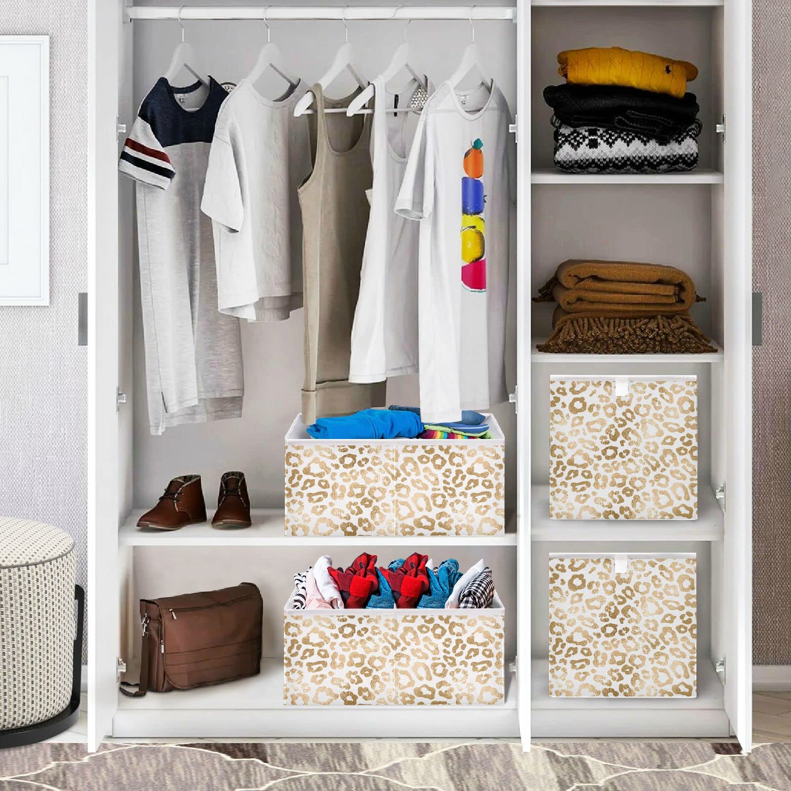 Golden Leopard Foldable Storage Baskets - 11x11 Inch Collapsible Fabric Bins for Shelves | Organize Toys, Baby Clothes, Pantry & Bathroom | Perfect for Nursery, Home & Office Organization