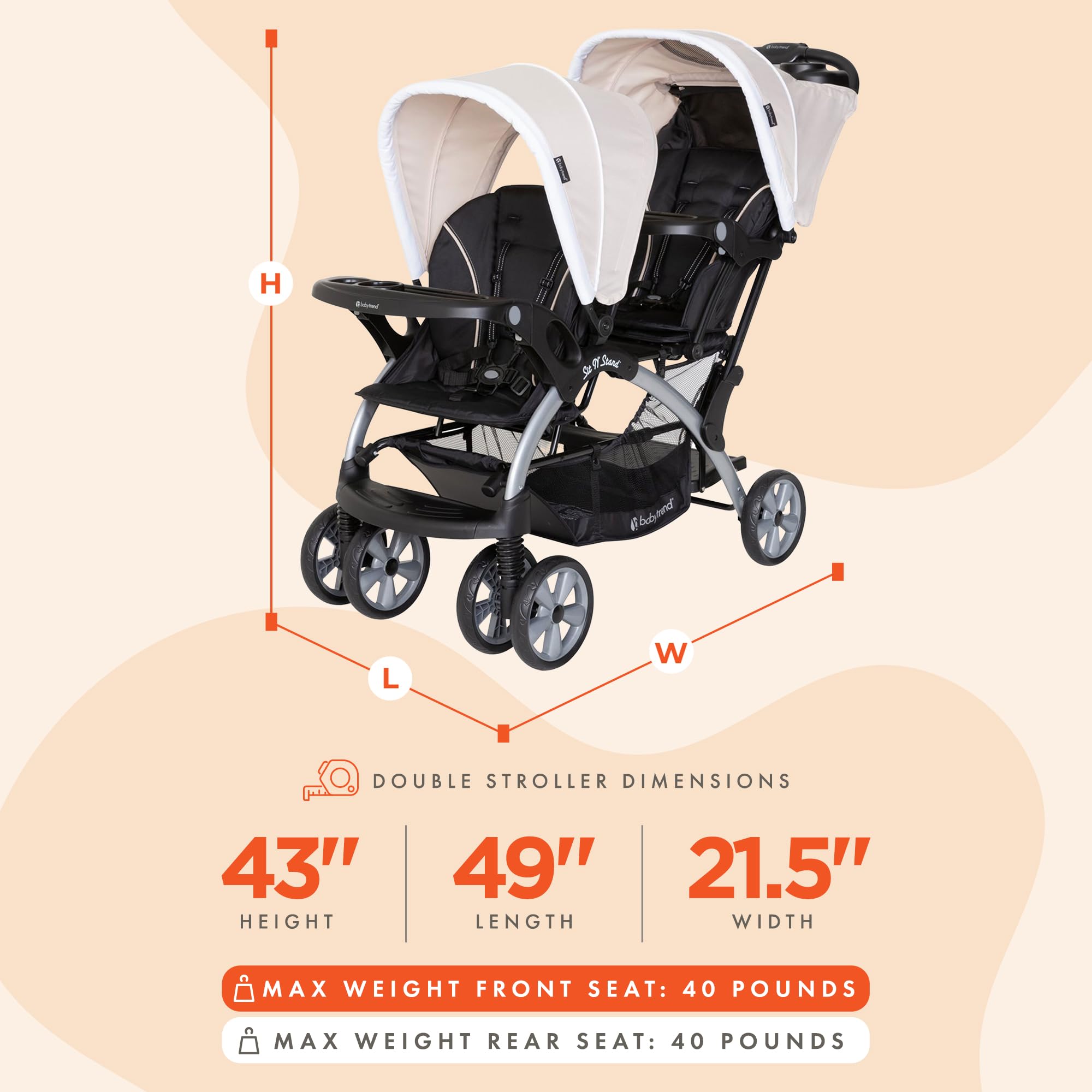 Baby Trend Double Sit N' Stand Stroller for Infant & Toddler - Lightweight Travel Stroller with 5-Point Harness & Storage Basket (Khaki) | Perfect for Twins, Siblings or Daycare Use