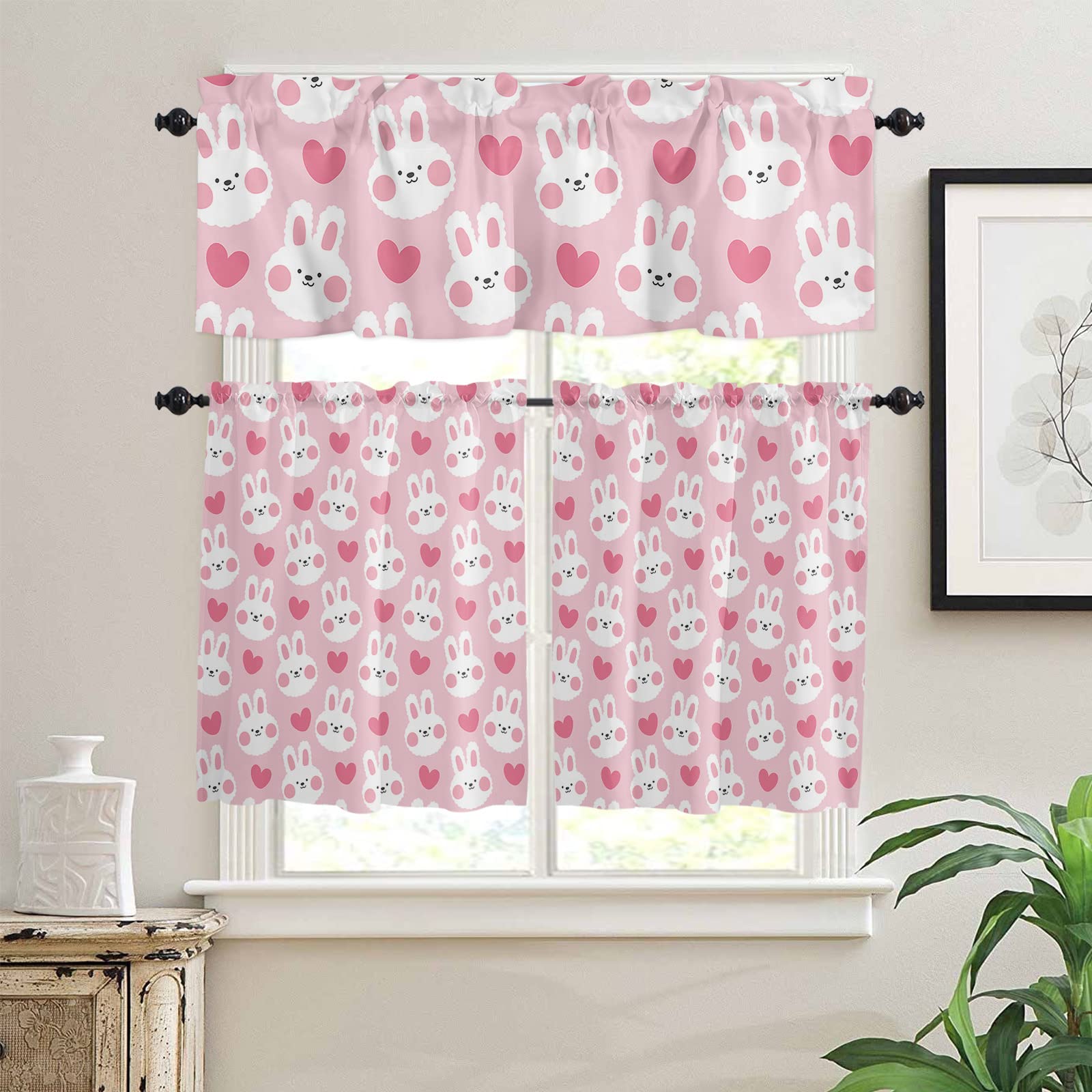 Easter Bunny Kitchen Curtains - Pink Spring Holiday Window Treatments with Tier and Valance, Rod Pocket Design for Small Half Windows | Perfect for Kitchen, Bedroom, Bathroom & Basement Decor | Cute Easter Home Decor for Seasonal Celebrations