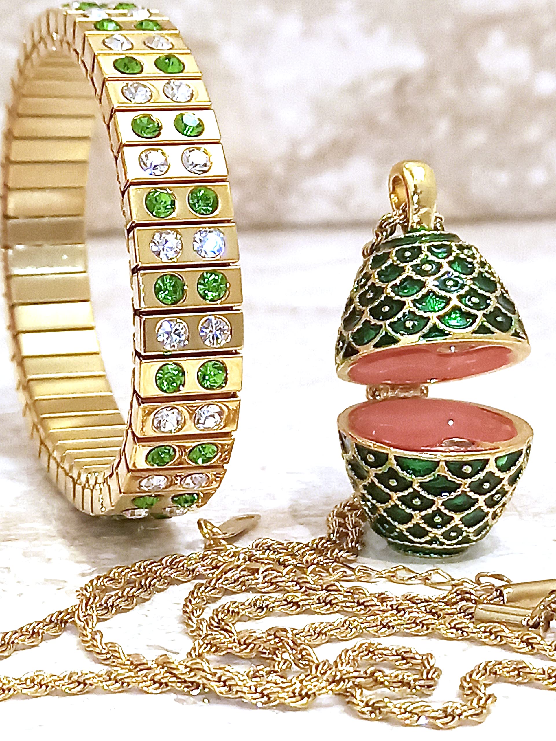 Handmade Russian Faberge Egg Jewelry Set - Emerald Necklace & Bracelet Gift for Women, Teens, Girlfriend, Sister, Daughter, Niece | 24K Gold Plated Special Occasion Jewelry for Birthdays, Anniversaries, Christmas & Graduation Gifts
