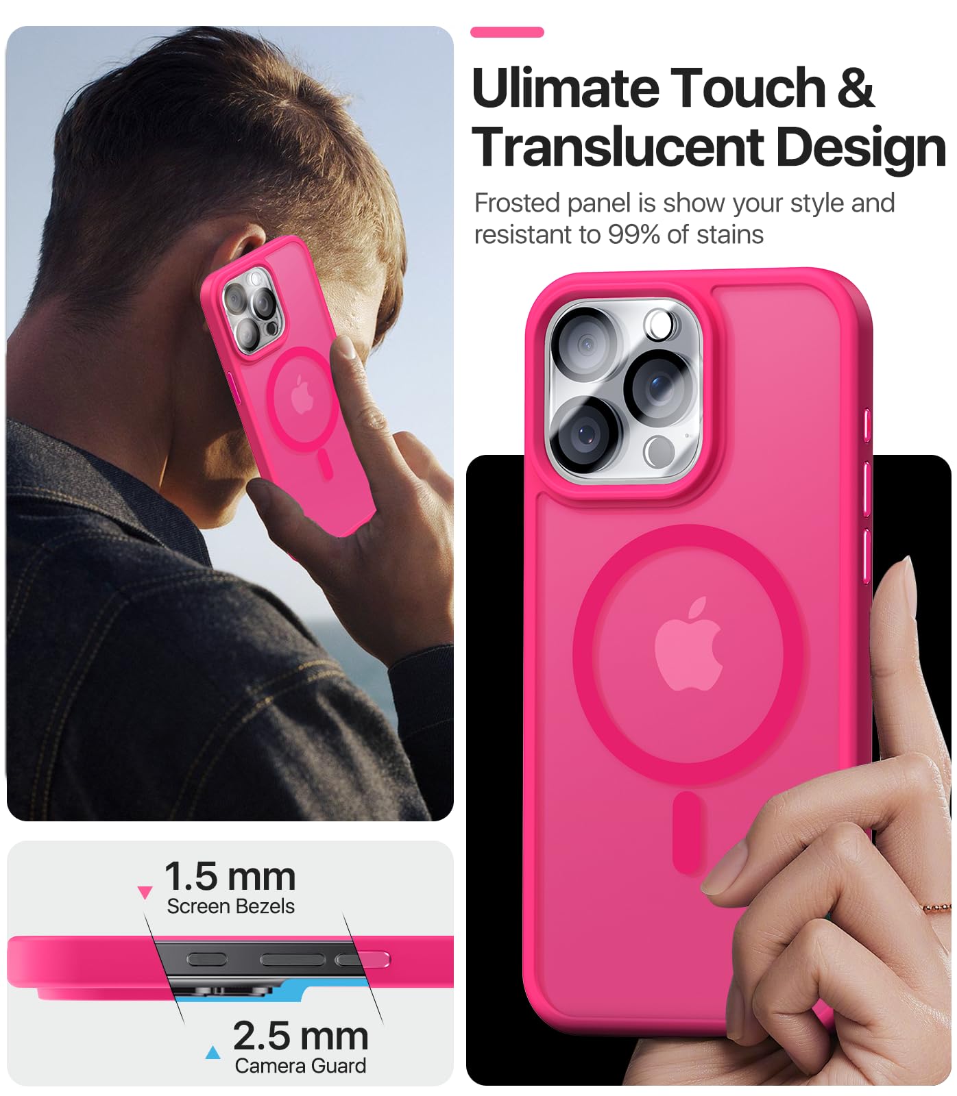 4 in 1 Magnetic Case for iPhone 15 Pro Max - Magsafe Compatible with 9H Tempered Glass Screen Protector & Camera Lens Cover | Shockproof Matte Finish in Hot Pink | Perfect for Work, Travel & Everyday Protection