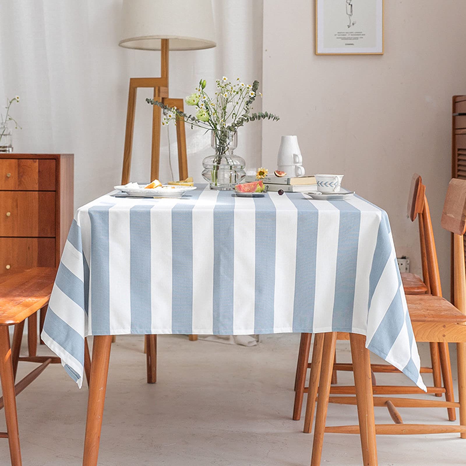 Waterproof Pink and White Striped Geometric Tablecloth 53