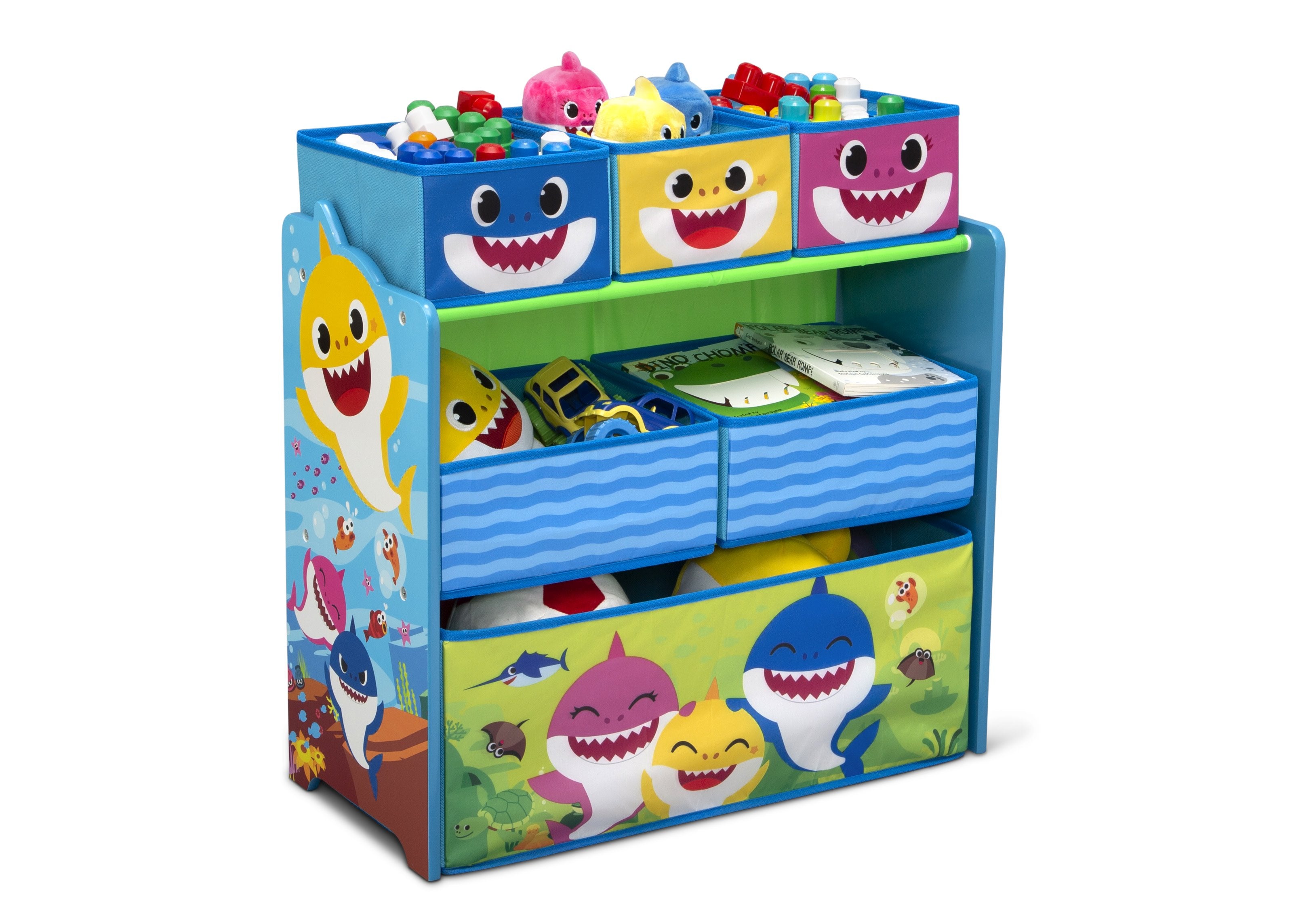 Baby Shark 4-Piece Kids Playroom Set - Table, 2 Chairs & 6-Bin Toy Storage Organizer for Toddlers | Perfect for Playrooms, Daycares & Preschool Learning Spaces