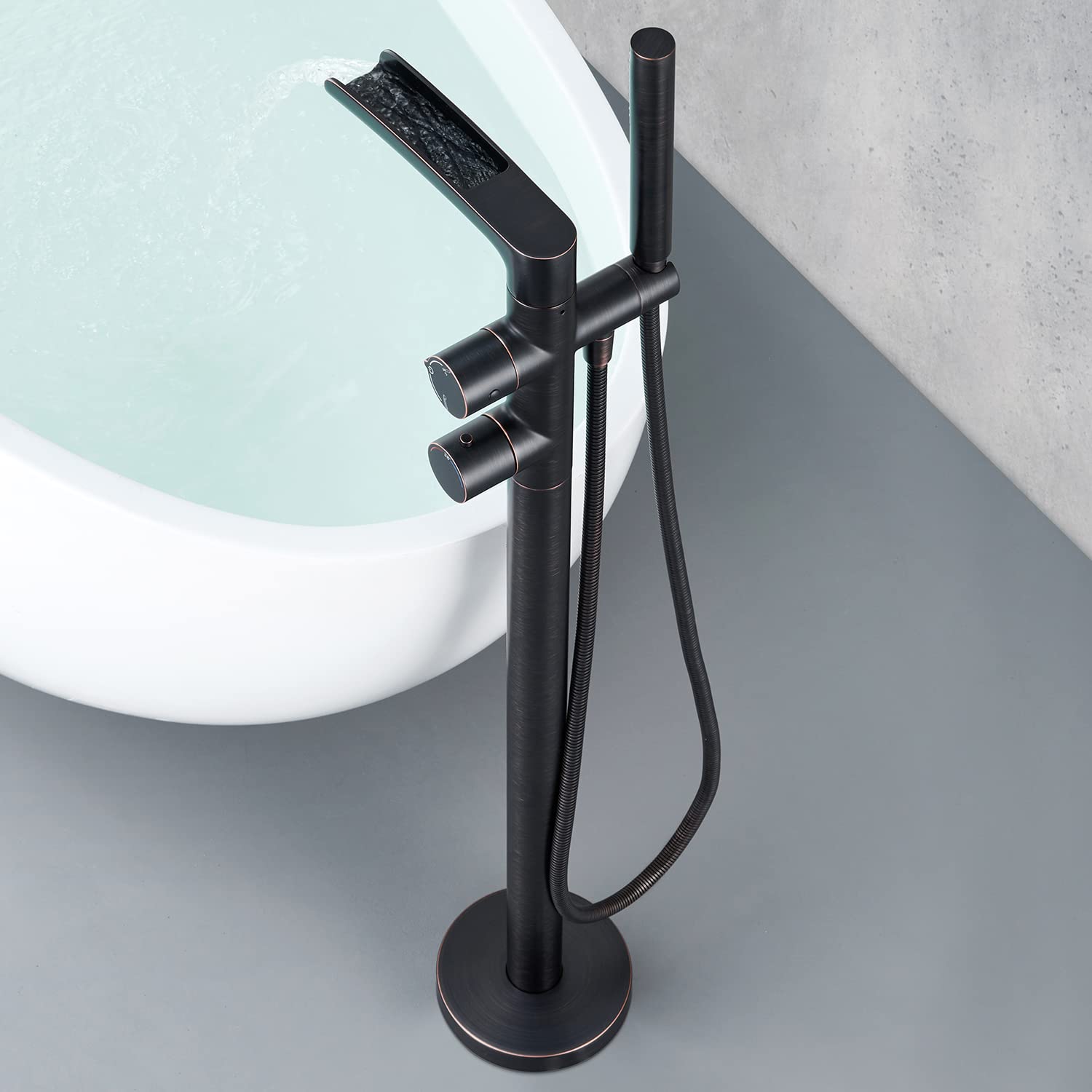 Thermostatic Freestanding Bathtub Faucet - Oil Rubbed Bronze Waterfall Tub Filler with Hand Shower & Rough-in Valve | Floor Mount Brass Bathroom Faucet for Luxury Spa & Master Bathroom Renovation