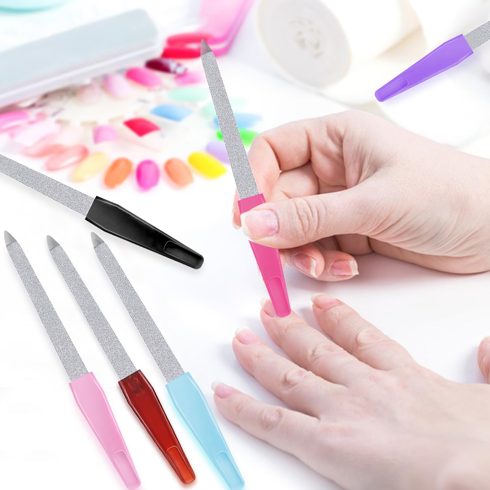 6Pcs Stainless Steel Diamond Nail Files Set - Professional Metal Nail Buffer with Sharp Tip & Non-Slip Handle for Salon, Home & Travel Use - Perfect for Manicures, Pedicures & Nail Art (Colorful)
