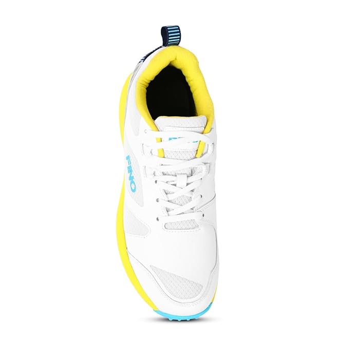 FINO C 01 White & Yellow Junior Cricket Shoes with Metal Spikes - Lightweight Sports Footwear for Youth Cricket Practice & Matches