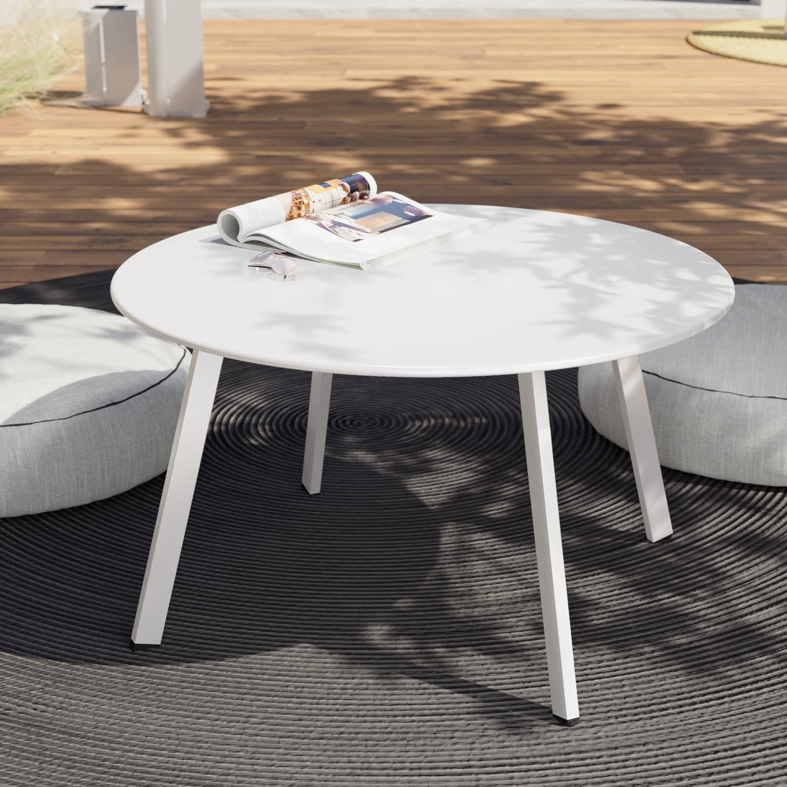 28-inch White Powder Coated Steel Round Outdoor Coffee Table - Durable Patio Side Table for Porch, Deck, Balcony & Poolside - Perfect for Lounging, Entertaining & Outdoor Relaxation