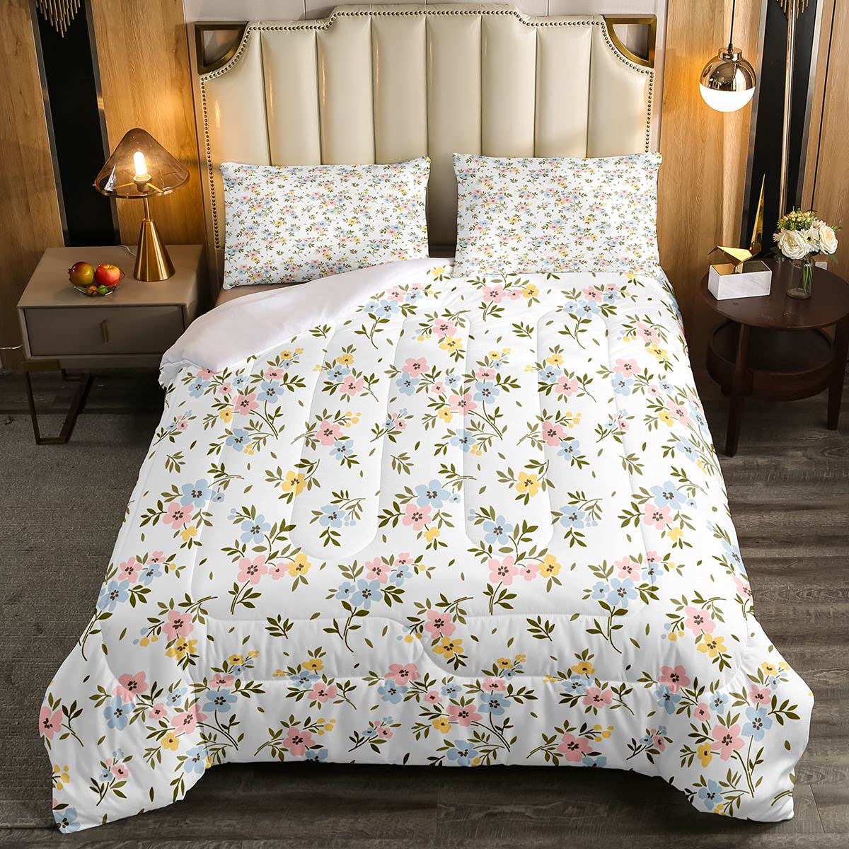 Floral Print Bedding Set for Kids - Colorful Flowers & Botanical Branches Pattern Comforter Set | Lightweight Duvet Cover with 2 Pillowcases for Girls Room Decor (Full Size) - Perfect for Nursery, Bedroom Makeover & Gift Giving