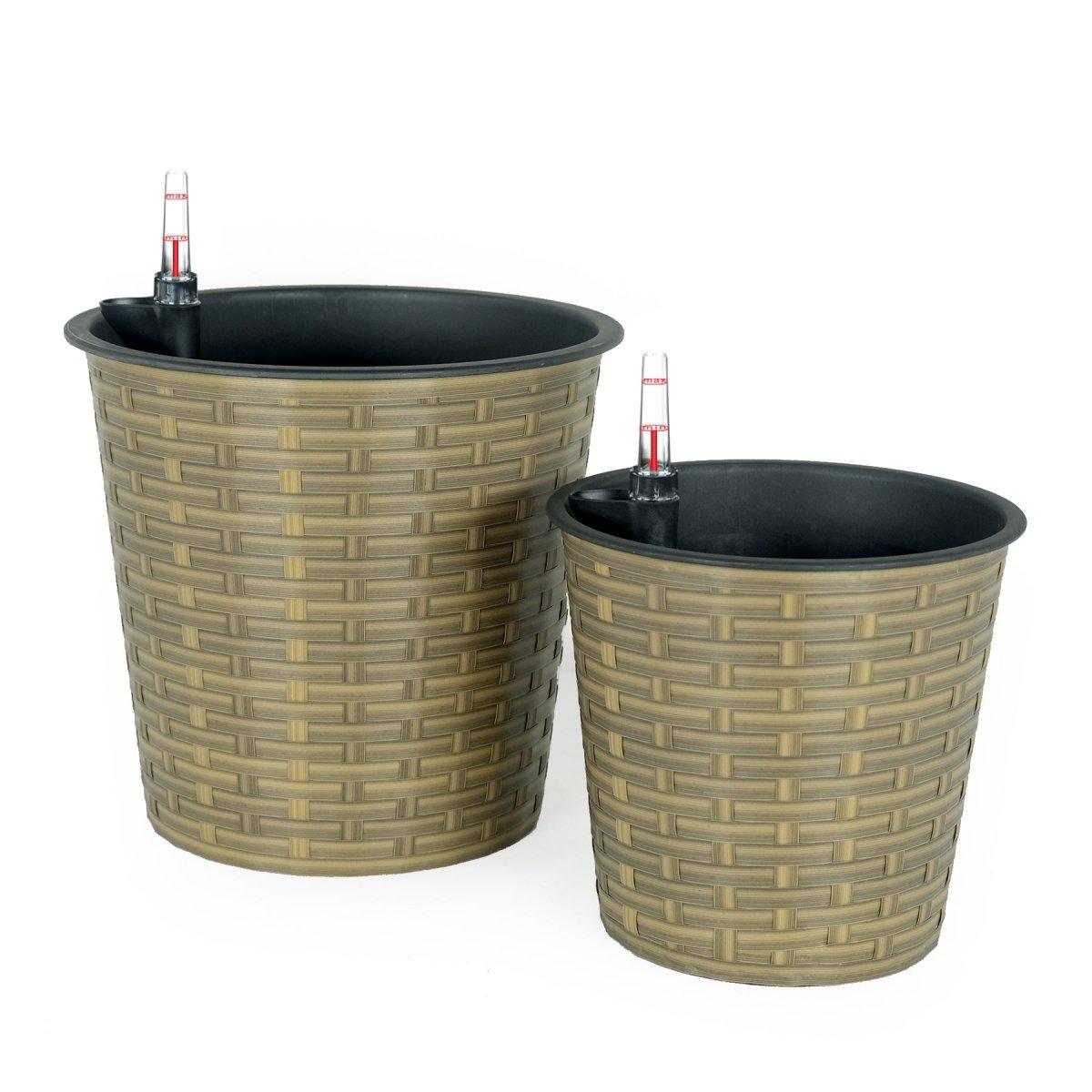 2 Pack Catleza Self-Watering Wicker Planters - Round Decorative Flower Pots for Indoor & Outdoor Use - Perfect for Home, Office, Patio, and Garden Decor