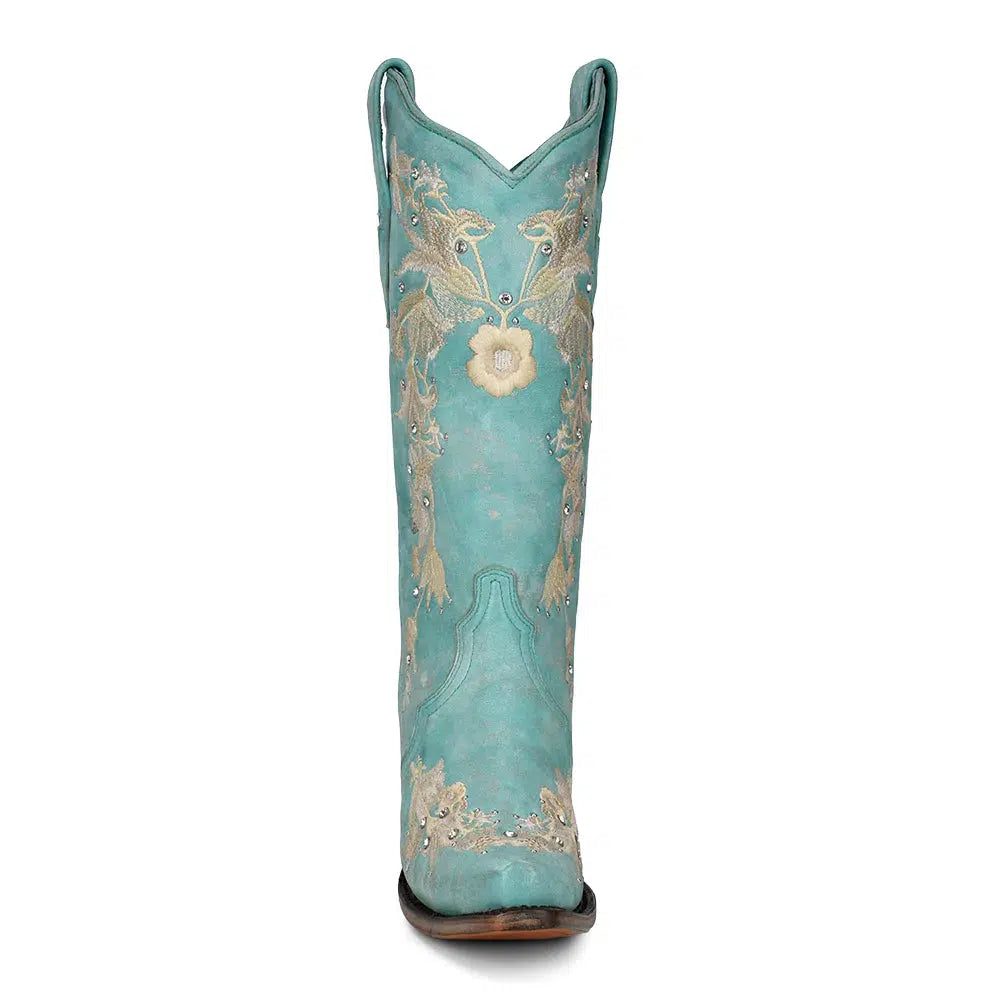 A4239 Women's Western Cowgirl Leather Boots with Turquoise Corral Design - Perfect for Rodeo, Country Dancing & Cowgirl Fashion