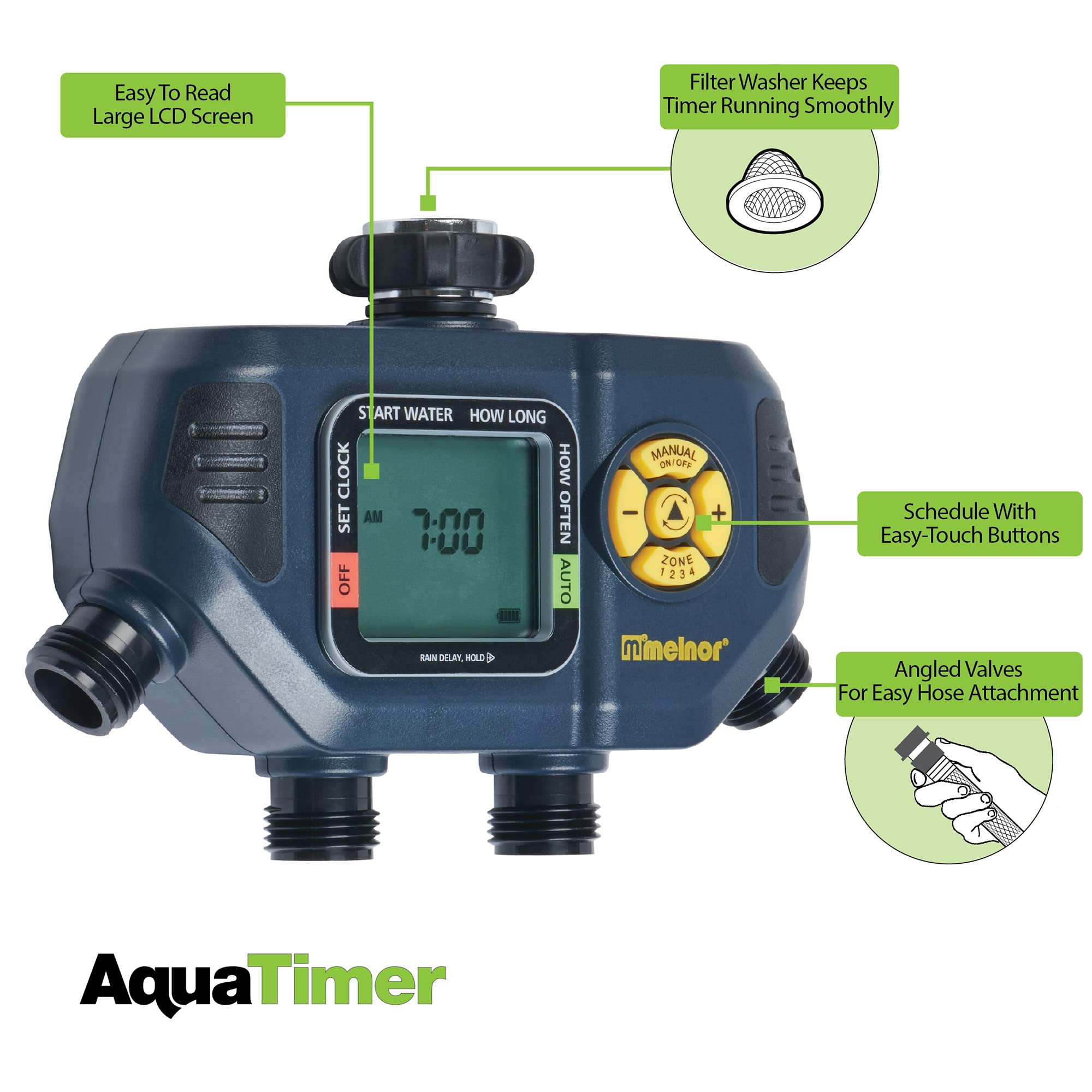 Melnor 65140AMZ 4-Zone Digital Water Timer for Garden Irrigation - Black & Yellow | Automatic Sprinkler System Controller for Lawns, Plants & Outdoor Watering