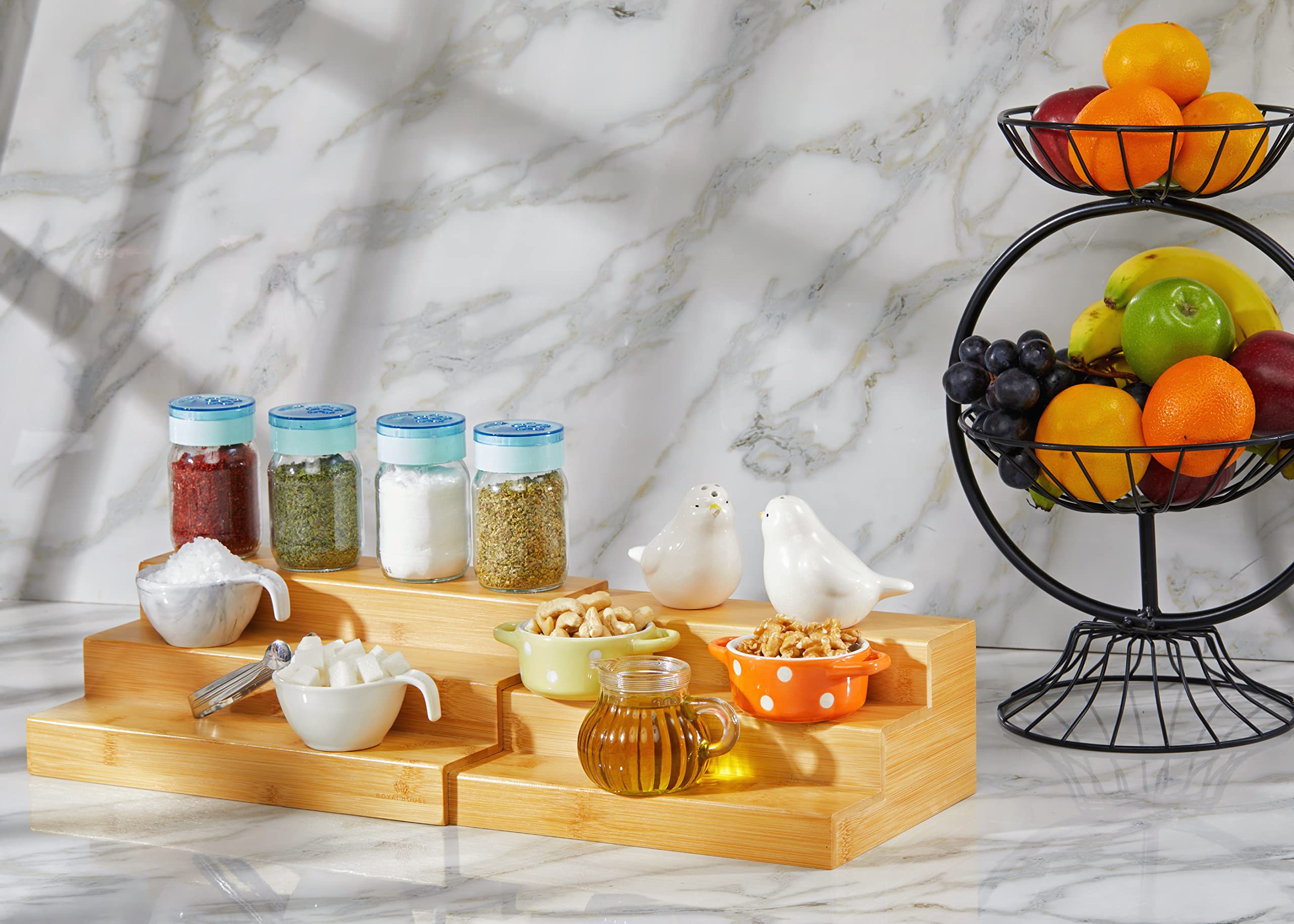 RoyalHouse Bamboo Expandable Spice Rack Organizer - 3-Tier Adjustable Kitchen Cabinet & Countertop Display Shelf - Space Saving Storage for Spices, Condiments, Cosmetics - Perfect for Kitchen, Pantry, Bathroom Organization (Sturdy & Eco-Friendly)