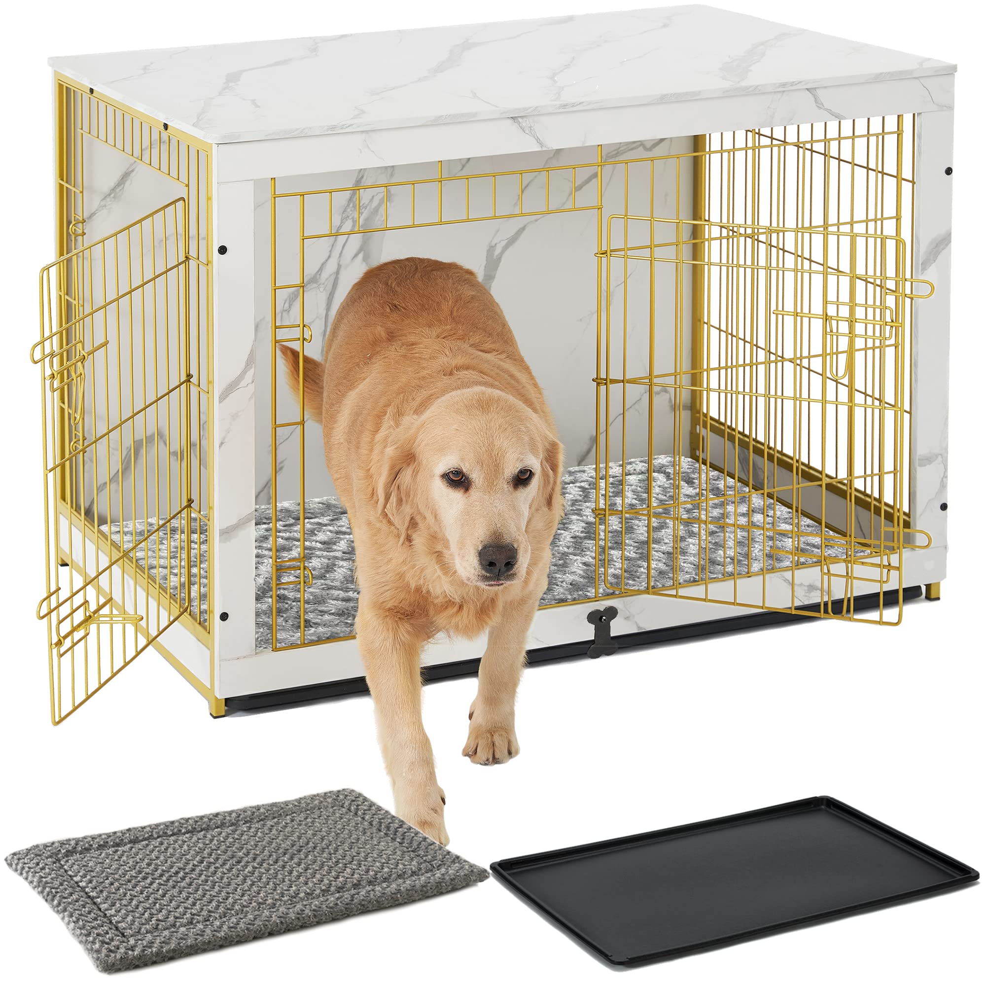 Megidok Wooden Dog Crate Furniture with Cushion & Tray - Stylish End Table for Small, Medium & Large Dogs | Double Door Decorative Indoor Kennel | Easy Assembly | Perfect for Living Room, Bedroom & Home Decor