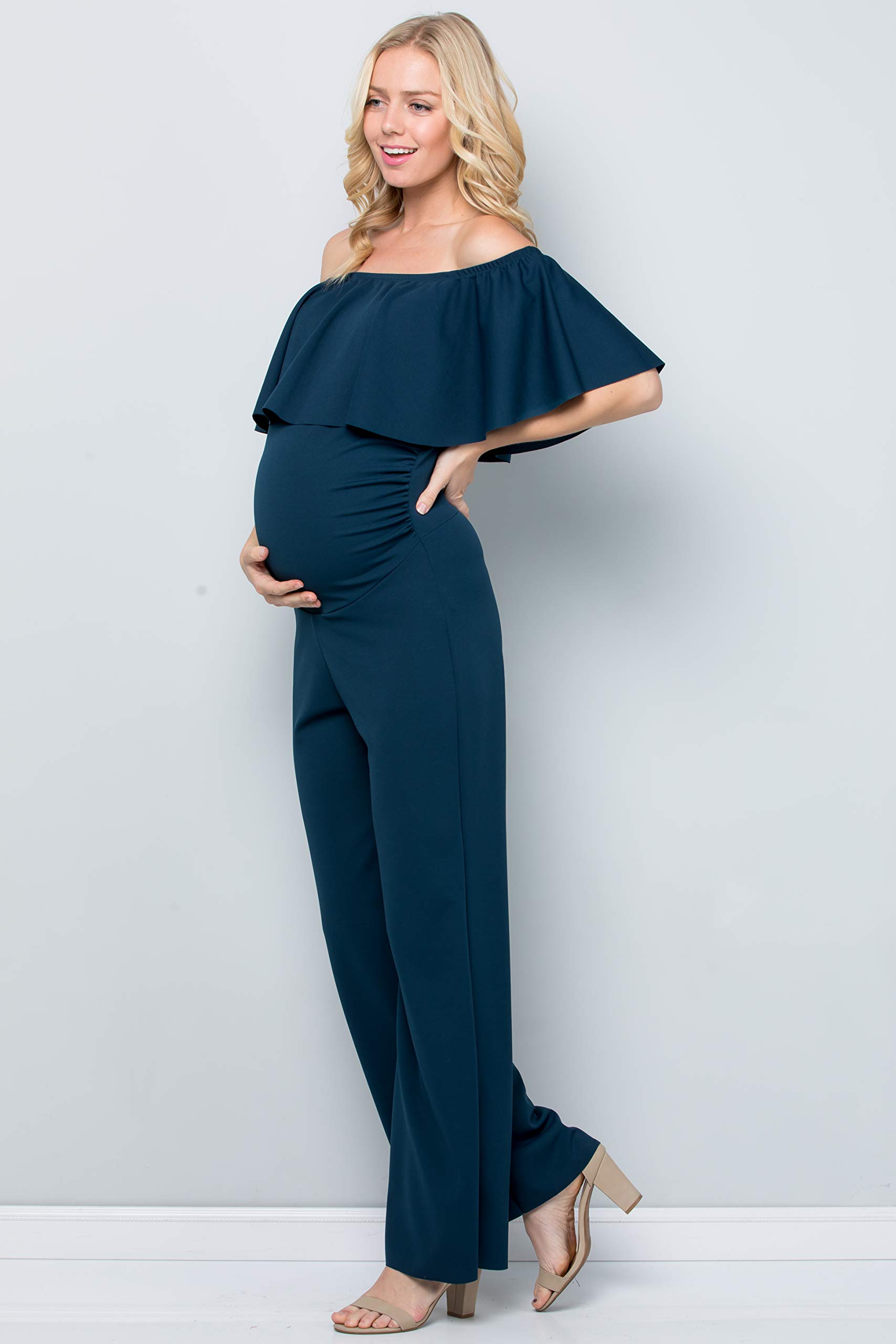 My Bump Maternity Ruffle Off Shoulder Jumpsuit - Made in USA | Comfortable Pregnancy Outfit for Baby Shower, Maternity Photos & Special Occasions
