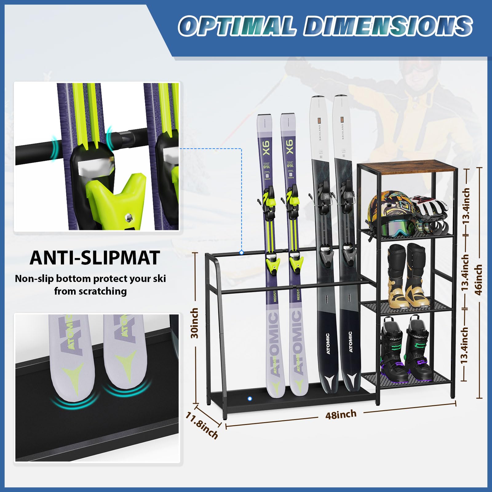 Freestanding Snowboard and Ski Rack - Holds 4 Pairs of Skis, 3 Snowboards, Boots, Poles, Goggles & Helmets - Space-Saving Garage, Shed, Basement Storage for Winter Sports Gear - Perfect for Organizing Equipment in Ski Resorts, Cabins, and Home Storage