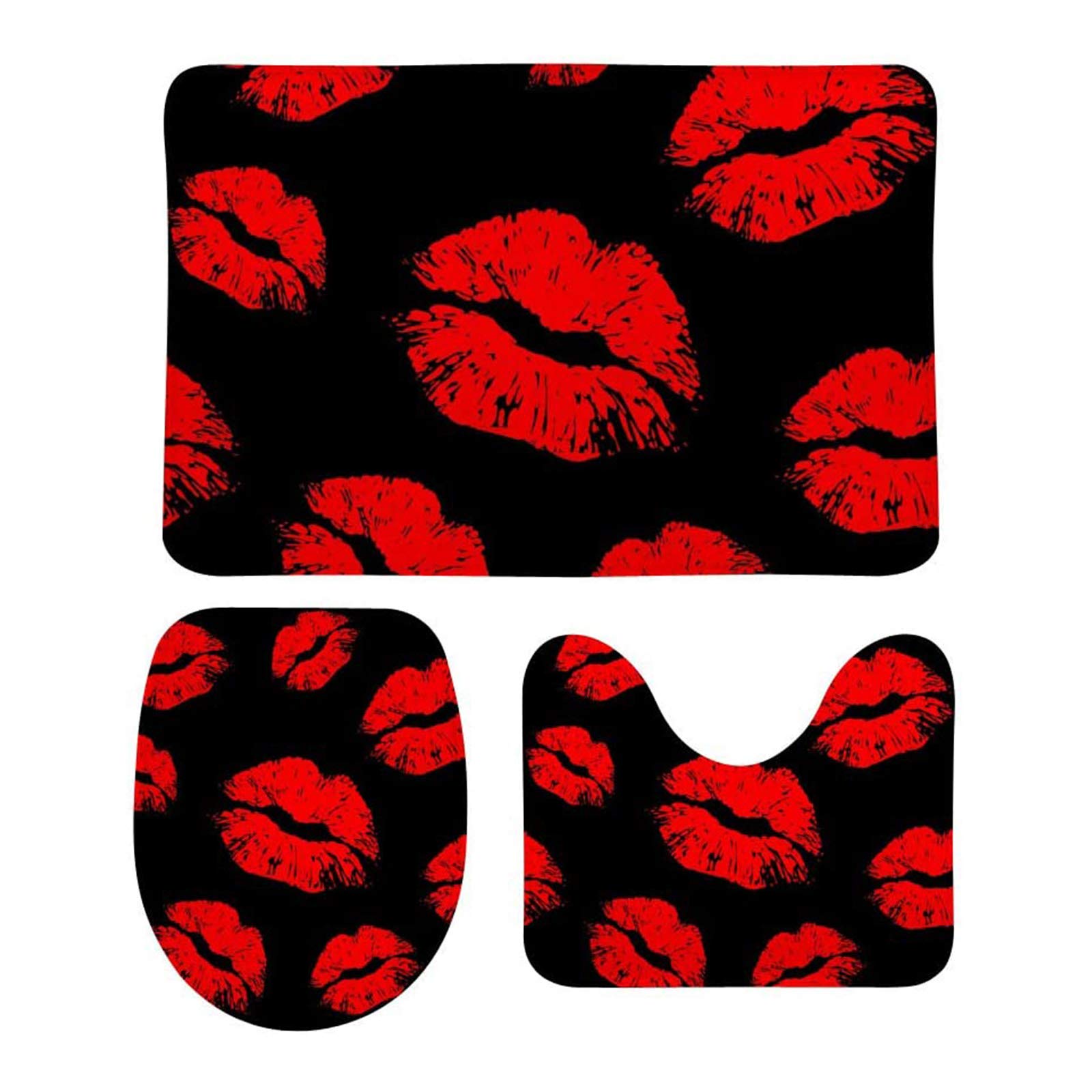 Buybai 3-Piece Non-Slip Bath Mat Set - Soft Microfiber Pebble Texture Bathroom Mats with Red Lips Design, Contour Toilet Cover & Rug - Perfect for Modern Bathrooms, Guest Suites & Spa-Style Decor