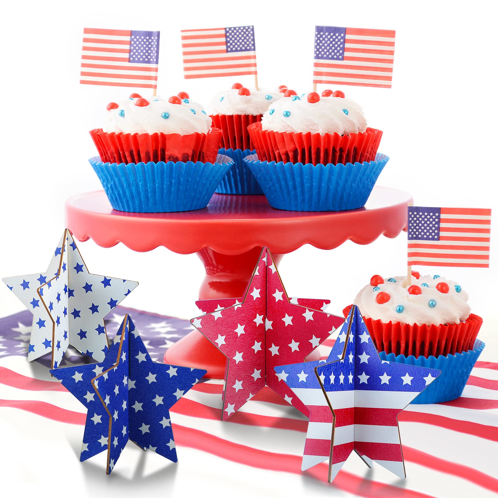 Bucherry 4 Sets Patriotic Wooden Stars Signs - Red White Blue Memorial Day & 4th of July Tiered Tray Decor | 3D Independence Day Table Centerpieces for Home, Living Room & Dining Room Decorations | Perfect for Holiday Parties & Patriotic Celebrations