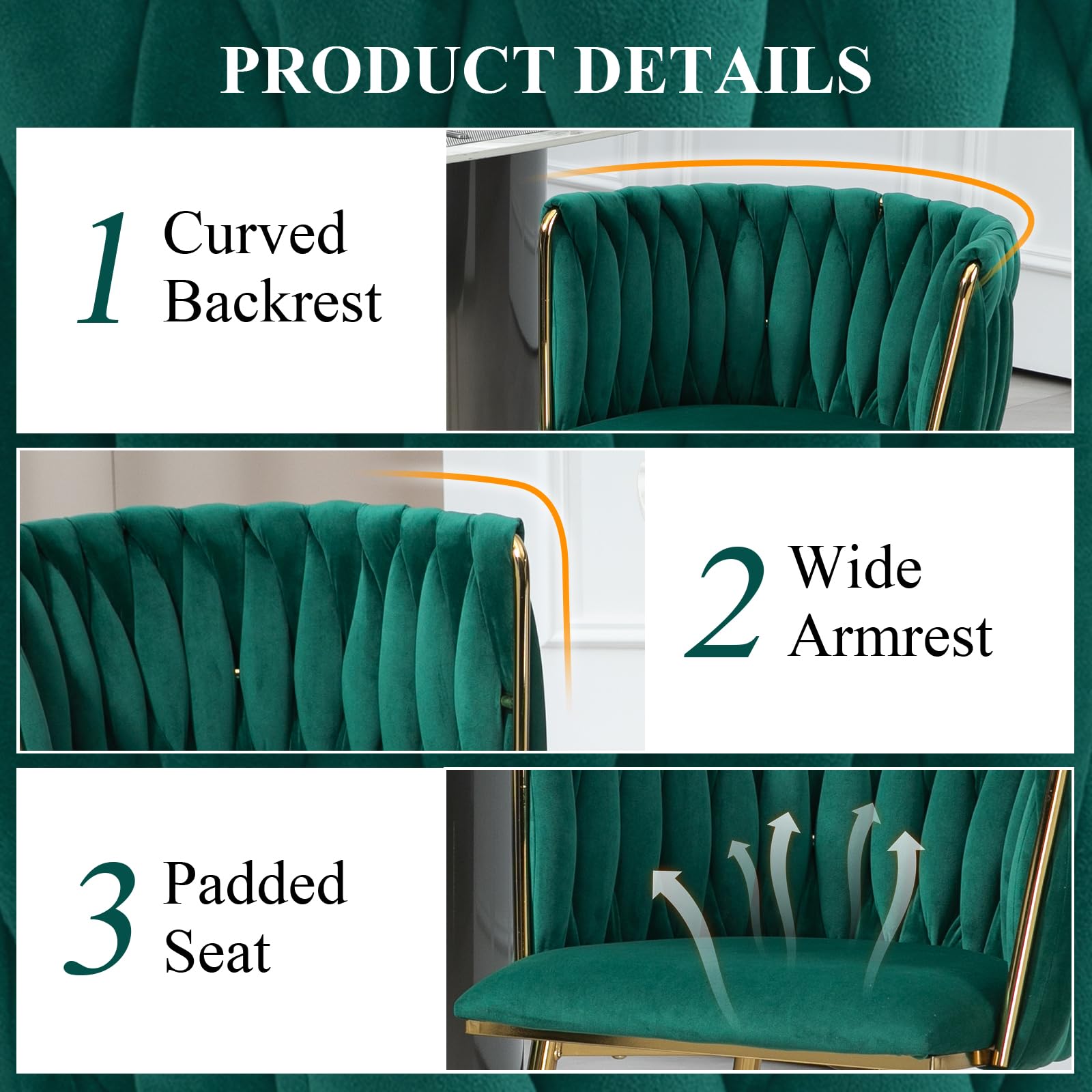 Modern Velvet Dining Chairs Set of 2 - Handwoven Upholstered Accent Chairs with Golden Metal Legs for Living Room, Dining Room & Kitchen Vanity | Emerald Green Luxury Seating for Home Decor & Entertaining