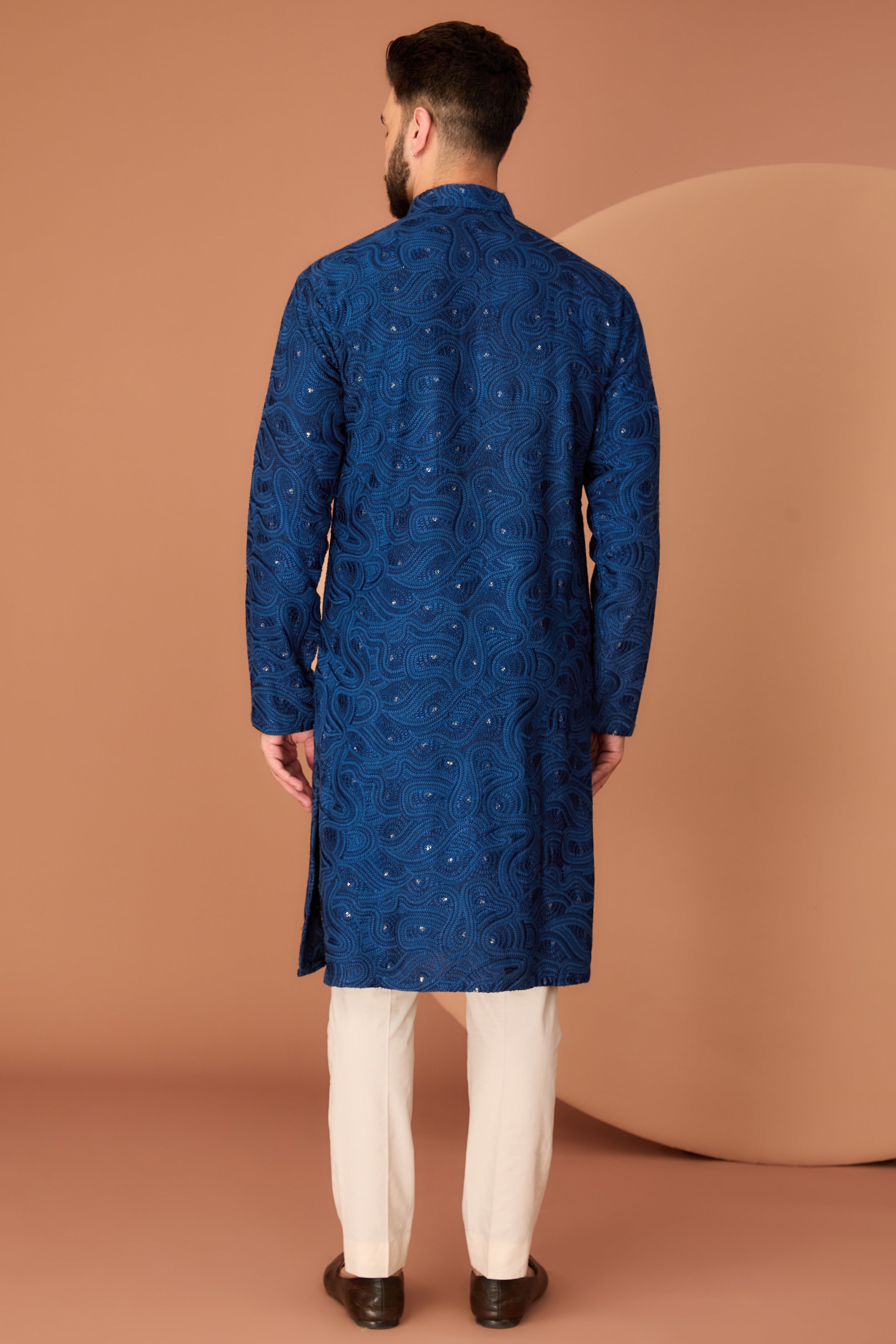 Elegant Navy Blue Chikankari Kurta with Intricate Thread & Sequin Embroidery - Perfect for Festivals, Weddings & Ethnic Occasions