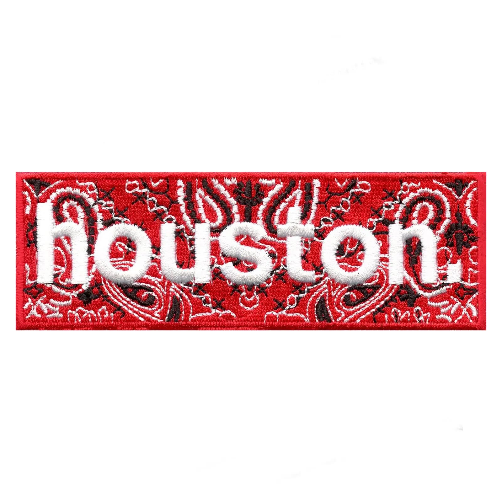 Houston Box Logo Embroidered Iron On Patch - Bandana Print - Exclusive DIY Sewing Applique for Jackets, Hats & Bags - Perfect for Customizing Denim, Backpacks & DIY Crafts