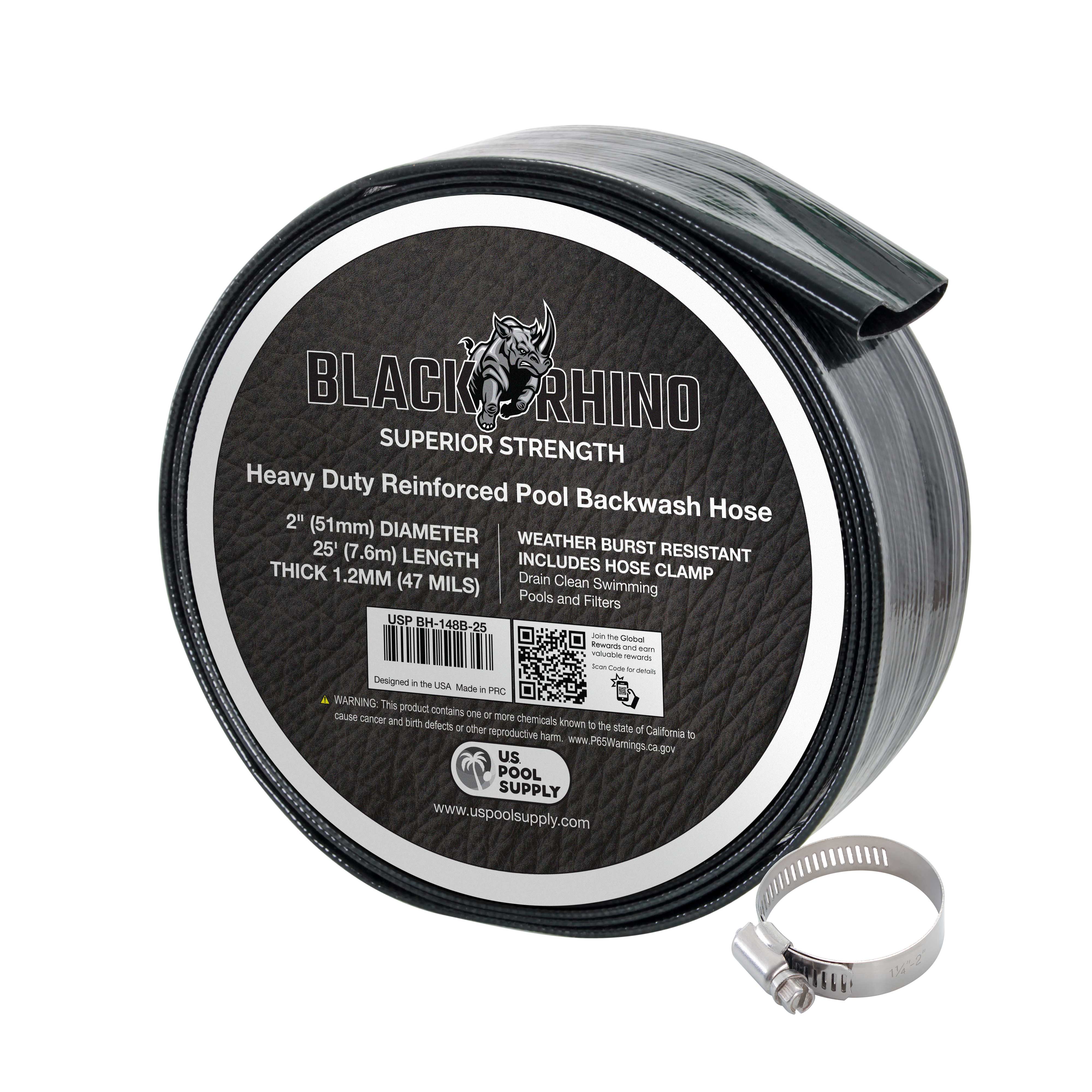 U.S. Pool Supply® Black Rhino 2 x 25' Heavy Duty Pool Backwash Hose with Hose Clamp - 1.2mm Thick Burst-Resistant for Inground & Above Ground Pools - Perfect for Pool Maintenance, Cleaning & Water Drainage