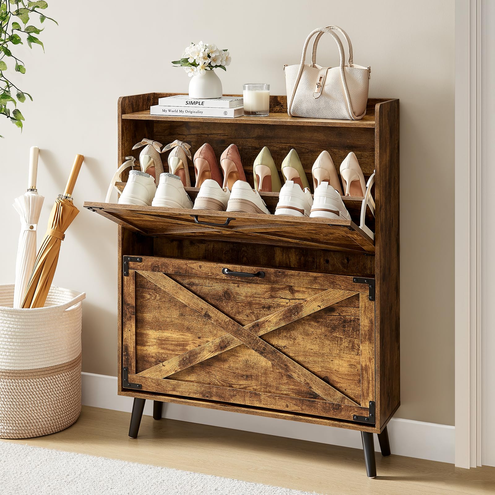 Farmhouse Style Shoe Cabinet with 2 Flip Drawers - Freestanding Entryway Shoe Organizer for Hallway, Porch & Living Room - Compact Hidden Storage with Detachable Racks - Classic Brown Shoe Rack for Small Spaces & Home Organization