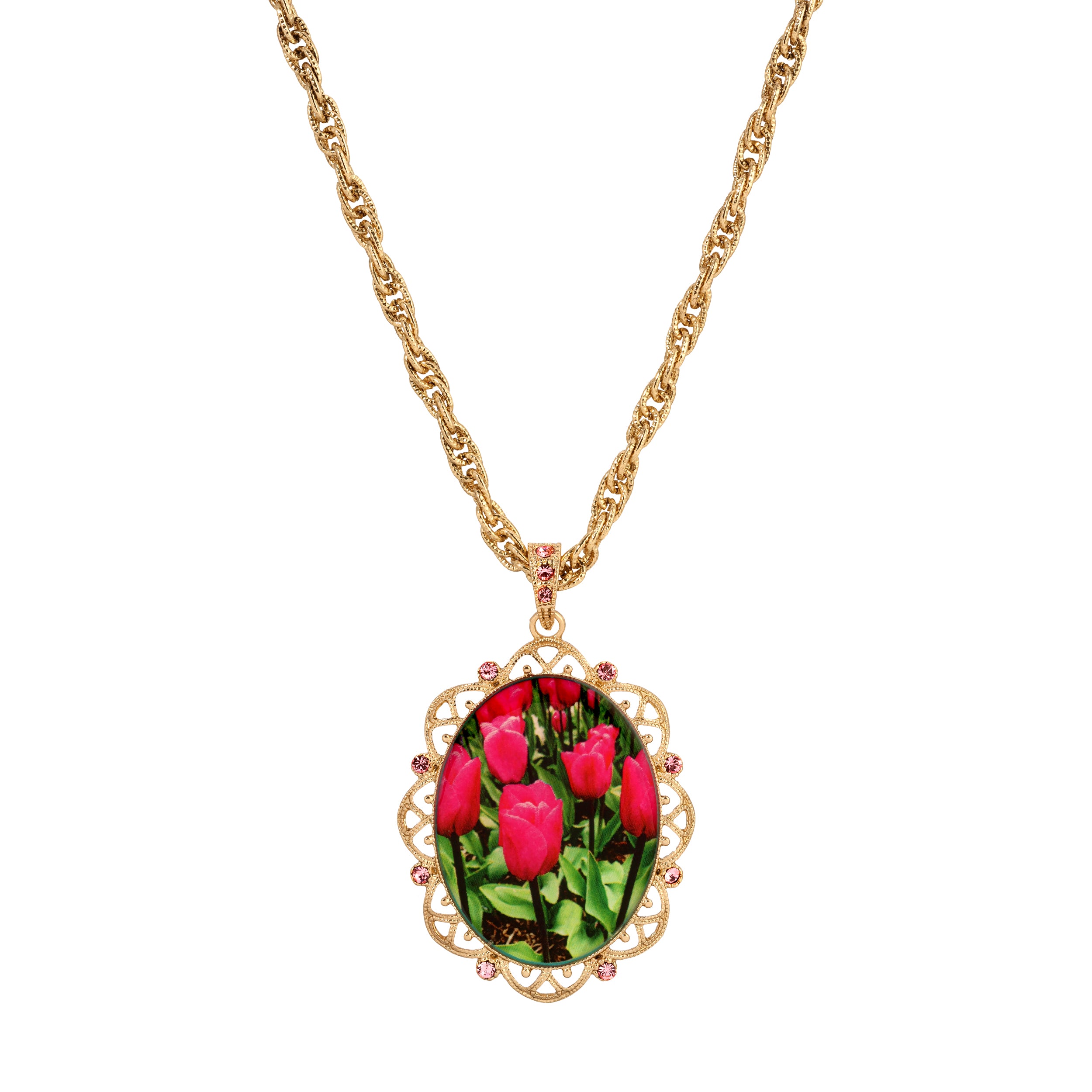 1928 Jewelry Blooming Pink Tulips & Pink Crystals Pendant Necklace - Elegant Floral Jewelry for Women, Perfect for Valentine's Day, Anniversary & Special Occasions