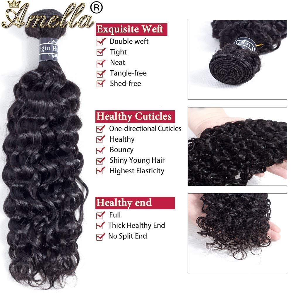 Amella Hair 8A Brazilian Virgin Curly Human Hair Weave - 100% Unprocessed 3 Bundles with Swiss Lace Frontal (14