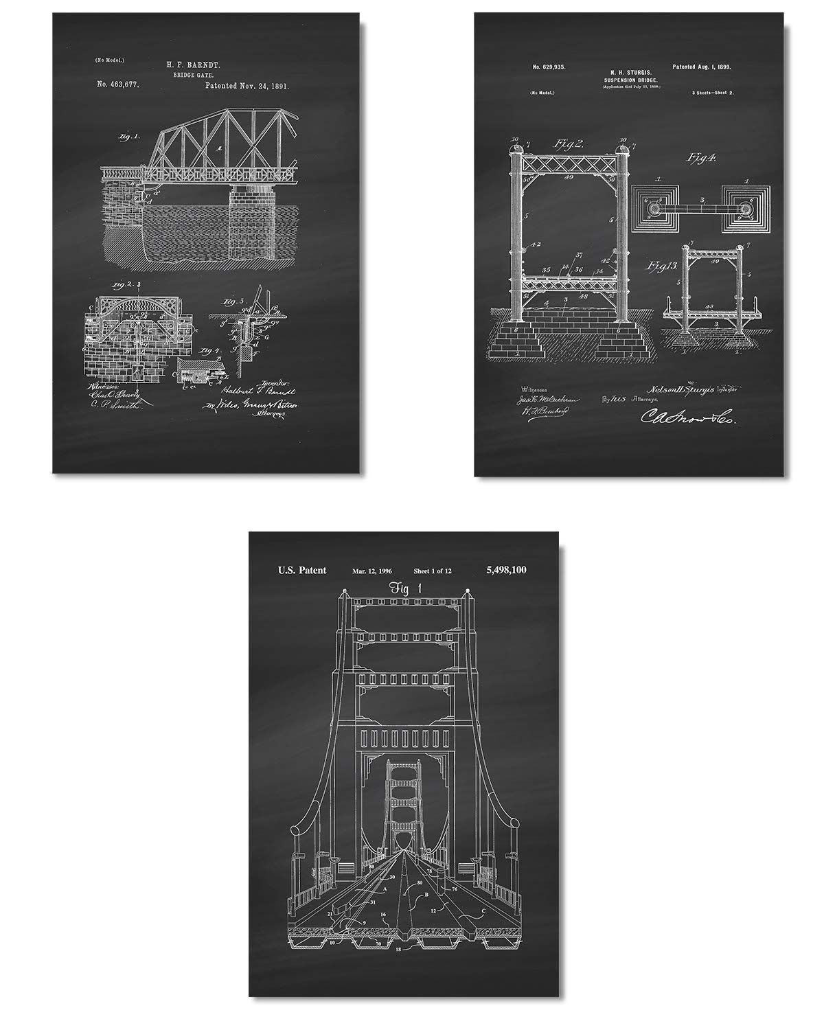 Govivo Bridge Architecture Patent Wall Art Prints - Set of 3 (16x24 Inches) Unframed - Engineering Decor for Office, Living Room & Study - Perfect Gift for Architects & Civil Engineers