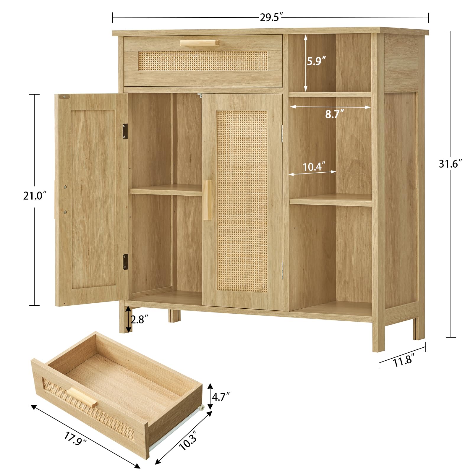 Rattan Storage Cabinet with Drawer & Adjustable Shelves - Natural Weave Sideboard Buffet for Living Room, Entryway, Dining Room - Perfect for Home Organization and Stylish Storage Solutions