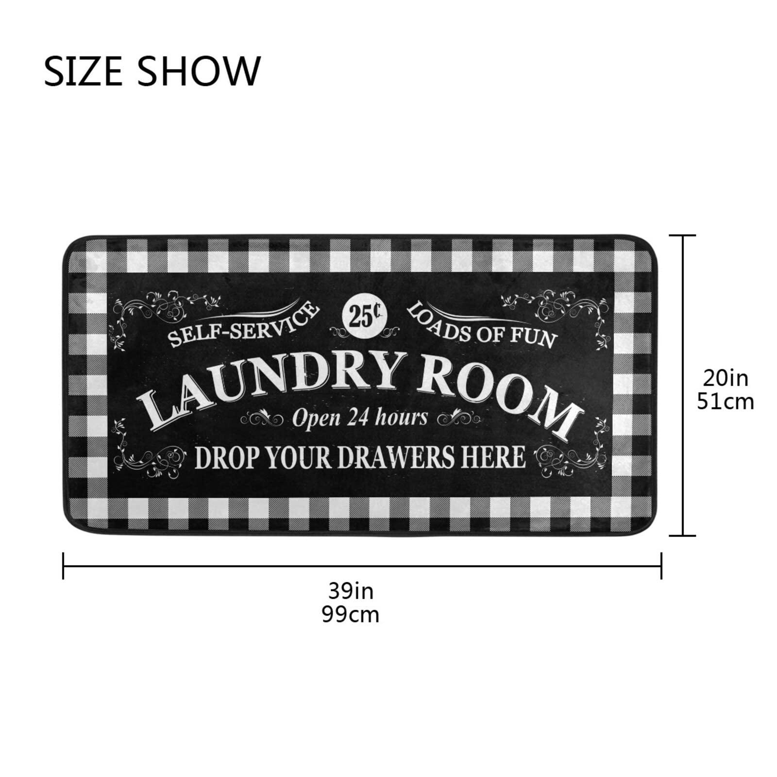 Non-Slip White Buffalo Plaid Kitchen Rugs - 39x20 Inch Cushioned Floor Mats for Laundry Room, Sink Area & Home Office - Washable Anti-Fatigue Mats for Standing Comfort & Stylish Decor