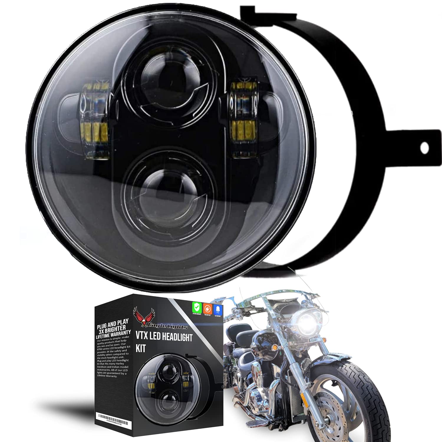 Eagle Lights 5.75 Inch LED Headlight Kit for Honda VTX 1800 & 1300 (2002-2008) - Plug & Play with Mounting Bracket & Hardware - High Performance Motorcycle Lighting for Night Riding & Improved Visibility
