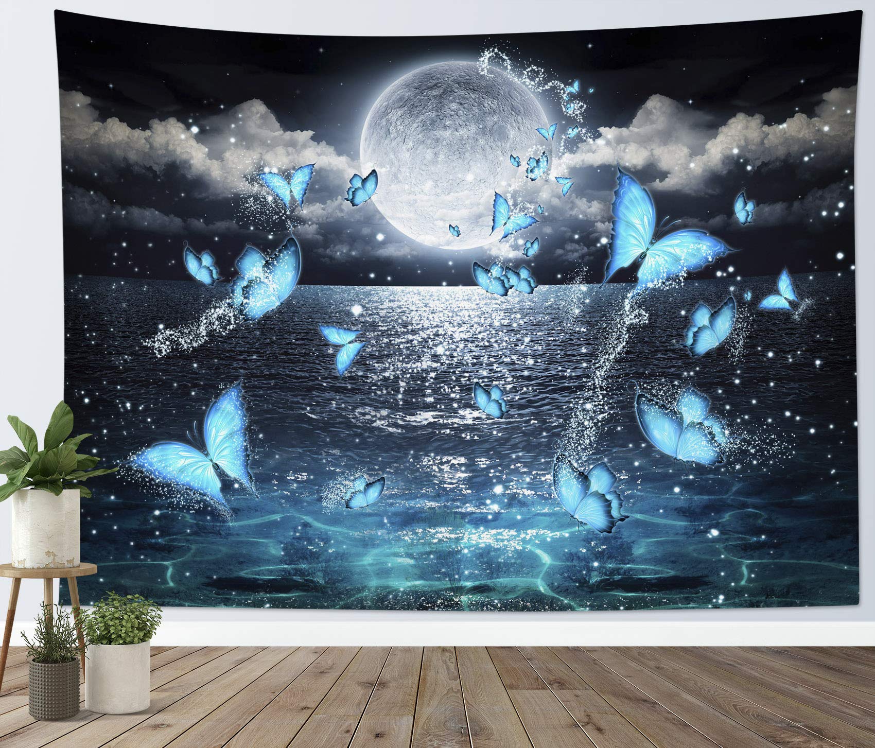 HVEST Ocean Tapestry Wall Hanging - Teal Magic Butterfly Flying Over Moonlit Ocean Night Sky, Nature Scenery Decor for Bedroom, Living Room, Party, 59x51 Inches, Perfect for Meditation Spaces and Coastal-Themed Interiors
