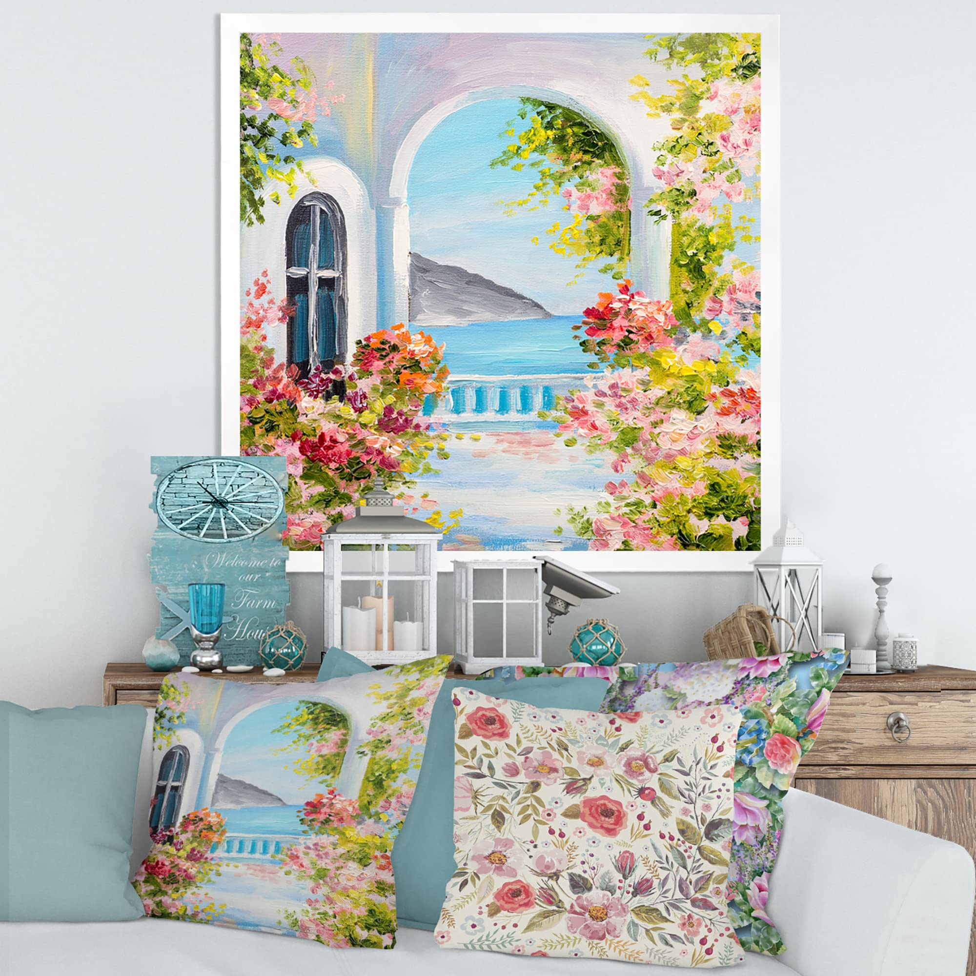 Traditional Greek House Wall Art with Pink Flowers - Nautical & Coastal Framed Decor for Living Room, Bedroom, or Beach House