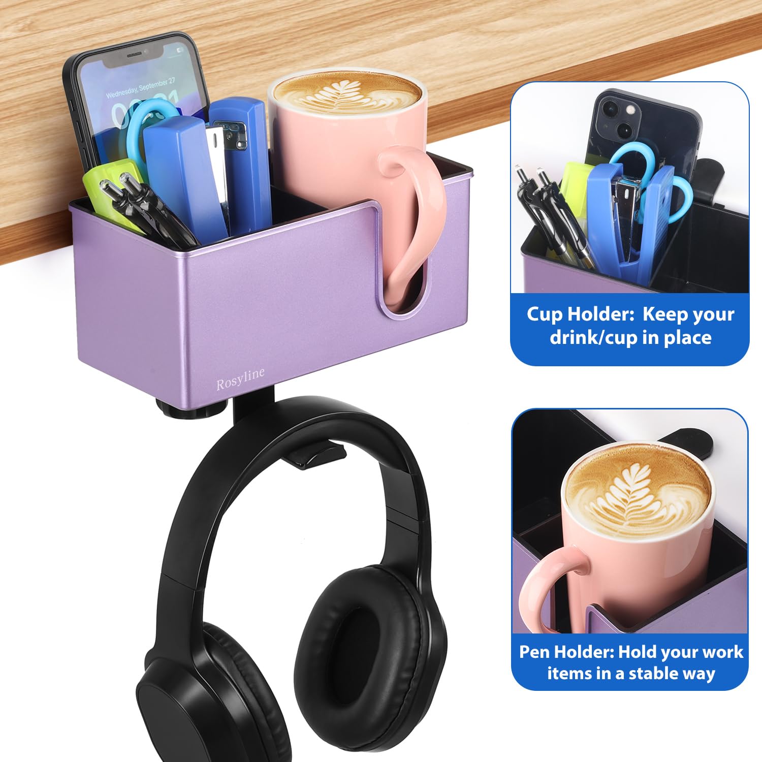 ROSYLINE 3-in-1 Desk Organizer with Cup Holder, Pen Holder & Headphone Hook - Purple ABS & Metal Design for Office, Home & Dorm Organization