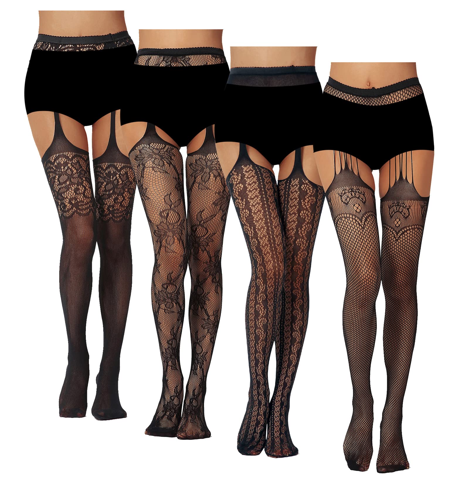 Sexy Fishnet Stockings for Women - Lace Thigh High Tights with Suspender | Perfect for Halloween, Cosplay, Burlesque & Night Out