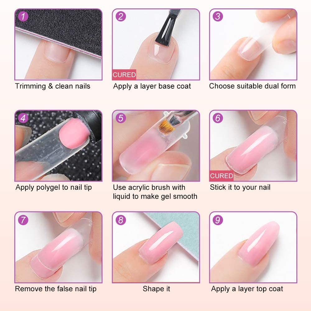 Poly Nail Extension Gel Kit - 100 Poly Tips, Spatula, Filer, Clip & Pink Polygel for Builder Gel Nail Art | DIY Salon-Quality Nail Extensions at Home | Perfect for Manicures, Nail Art & Professional Nail Services