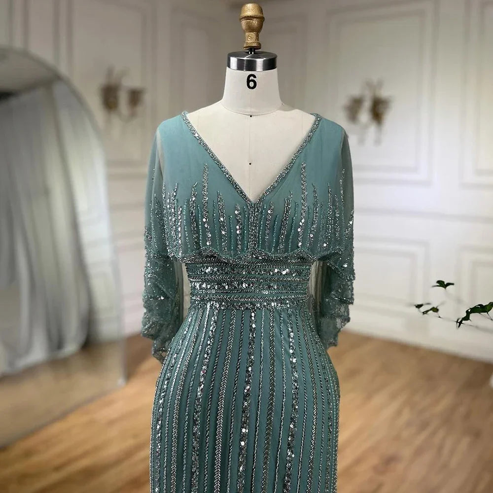Serene Hill Turquoise Mermaid Elegant Long Cape Beaded Luxury Dubai Evening Dresses Gowns For Women Wedding Party 2025 LA72258 - Perfect for Formal Events, Red Carpet Galas & Luxury Occasions