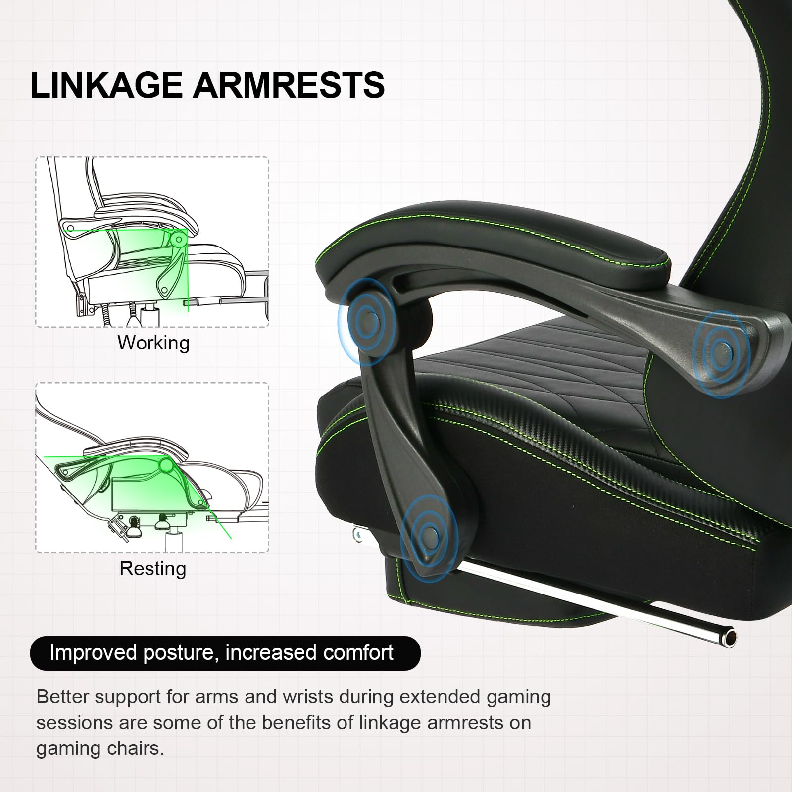 GTPLAYER Ergonomic Gaming Chair - High Back Racing Style Computer Desk Chair with Adjustable Lumbar Support (PU Leather, Green) - Perfect for PC Gaming, Office Work & Home Study