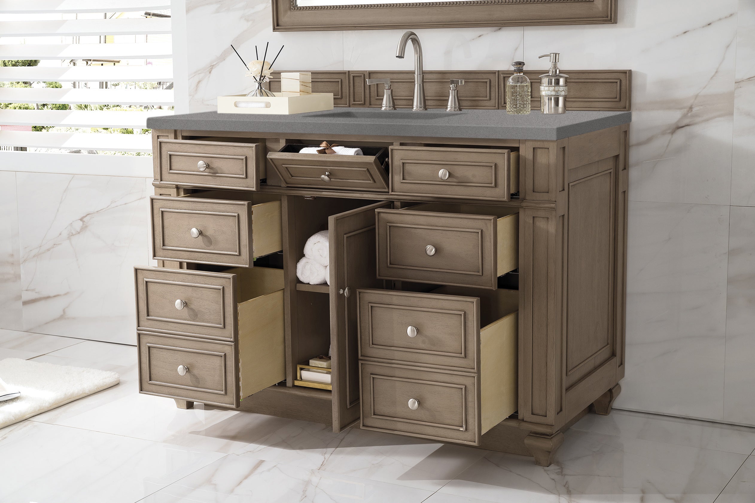 Bristol 48 Inch Single Bathroom Vanity Set in Whitewashed Walnut with 3CM Gray Expo Quartz Countertop - Perfect for Modern Farmhouse, Coastal, or Transitional Style Bathrooms