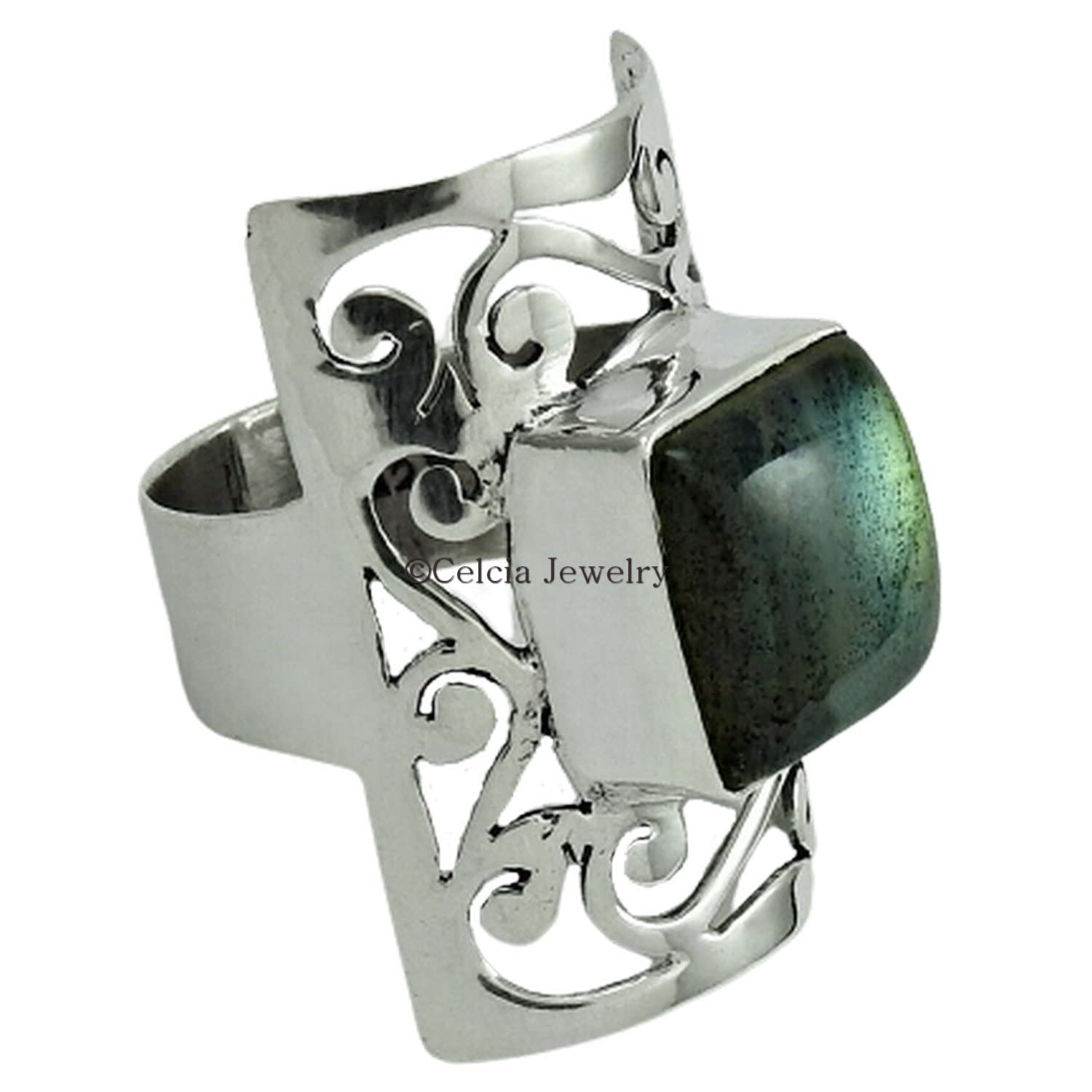 Natural Labradorite Gemstone Ring for Women – Elegant Square Statement Band, Unique Gift for Mom, Anniversary, or Promise – Anxiety Relief Jewelry – Perfect for Daily Wear, Special Occasions & Stress Relief (7, Labradorite)