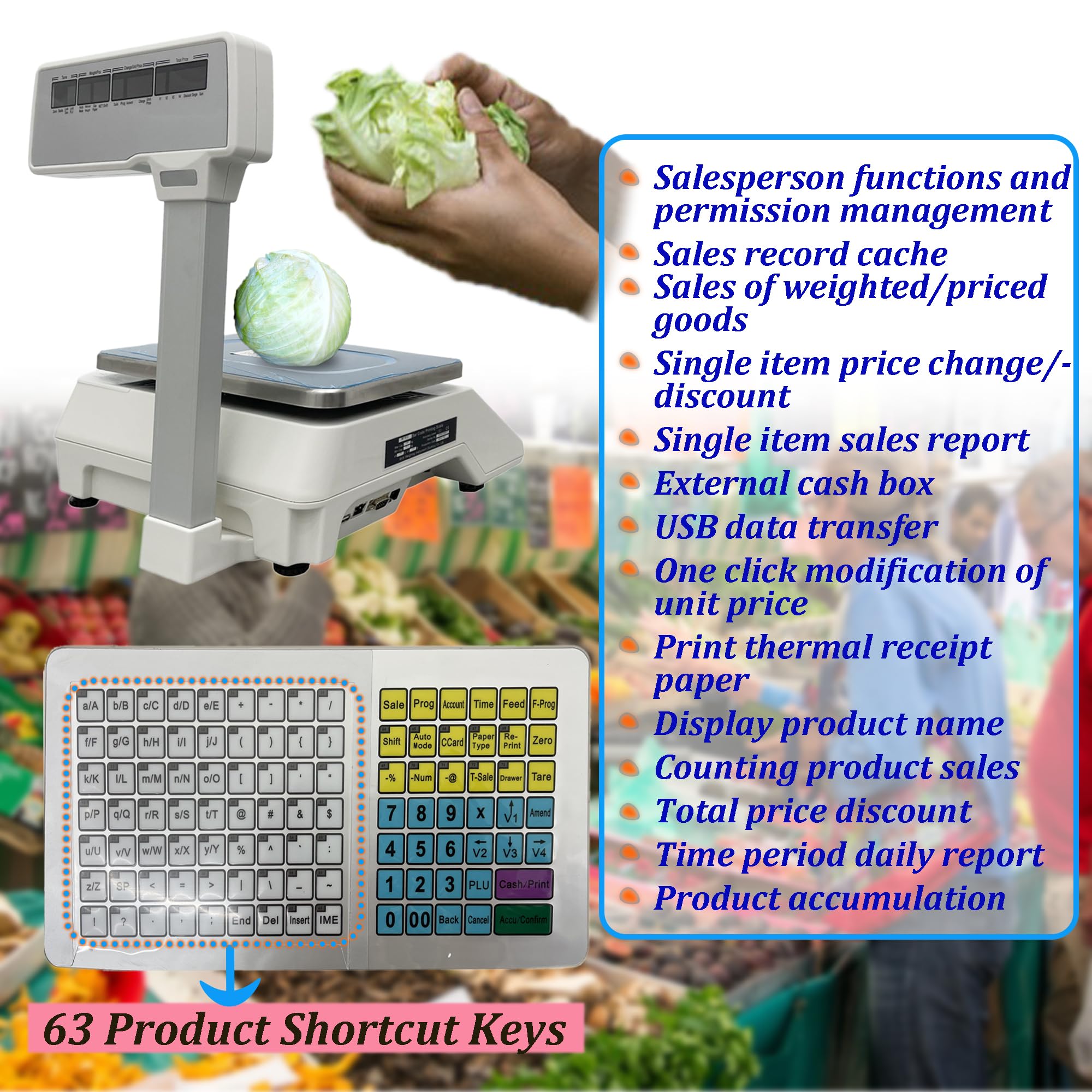INTSUPERMAI 30lbs Digital Price Computing Scale with Thermal Label Printer - 4 Display Windows & Pole - Double-sided Commercial Supermarket Scale for Retail, Grocery, and Warehouse Use